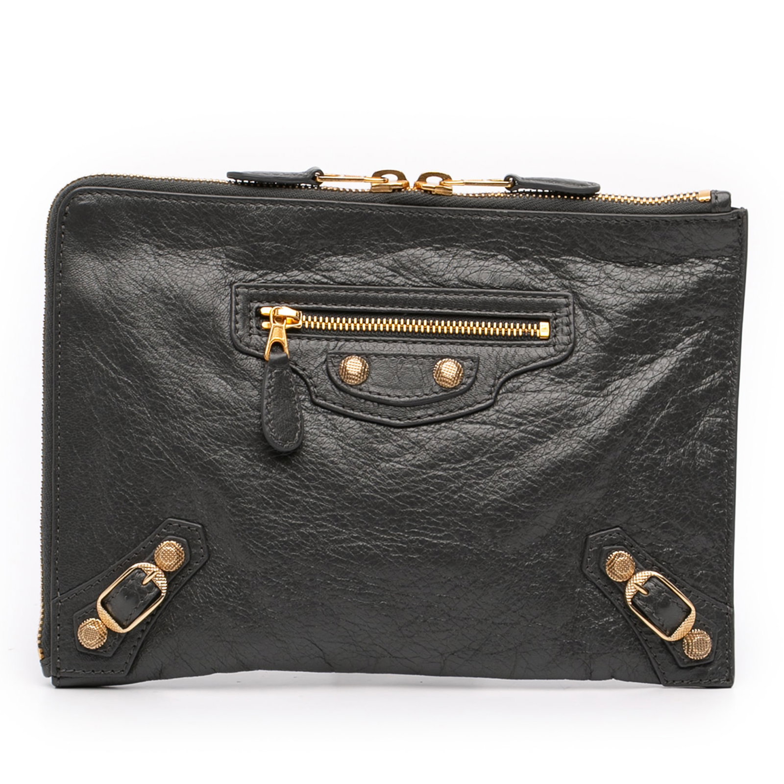 Balenciaga Gray Lambskin Studded Zip Around Clutch Bag: Balenciaga Gray Lambskin Studded Zip Around Clutch Bag This Balenciaga clutch bag showcases luxurious lambskin leather with signature stud detailing. It features a zip-around closure, an exterior fron