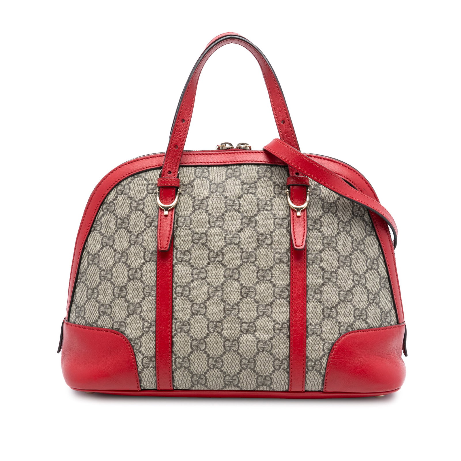 Beige Gucci Small GG Supreme Dome Satchel with Leather Trim: Beige Gucci Small GG Supreme Dome Satchel with Leather Trim This Gucci Small GG Supreme Nice Dome Satchel features a coated canvas body with leather trim, flat leather handles, and a detachable flat l