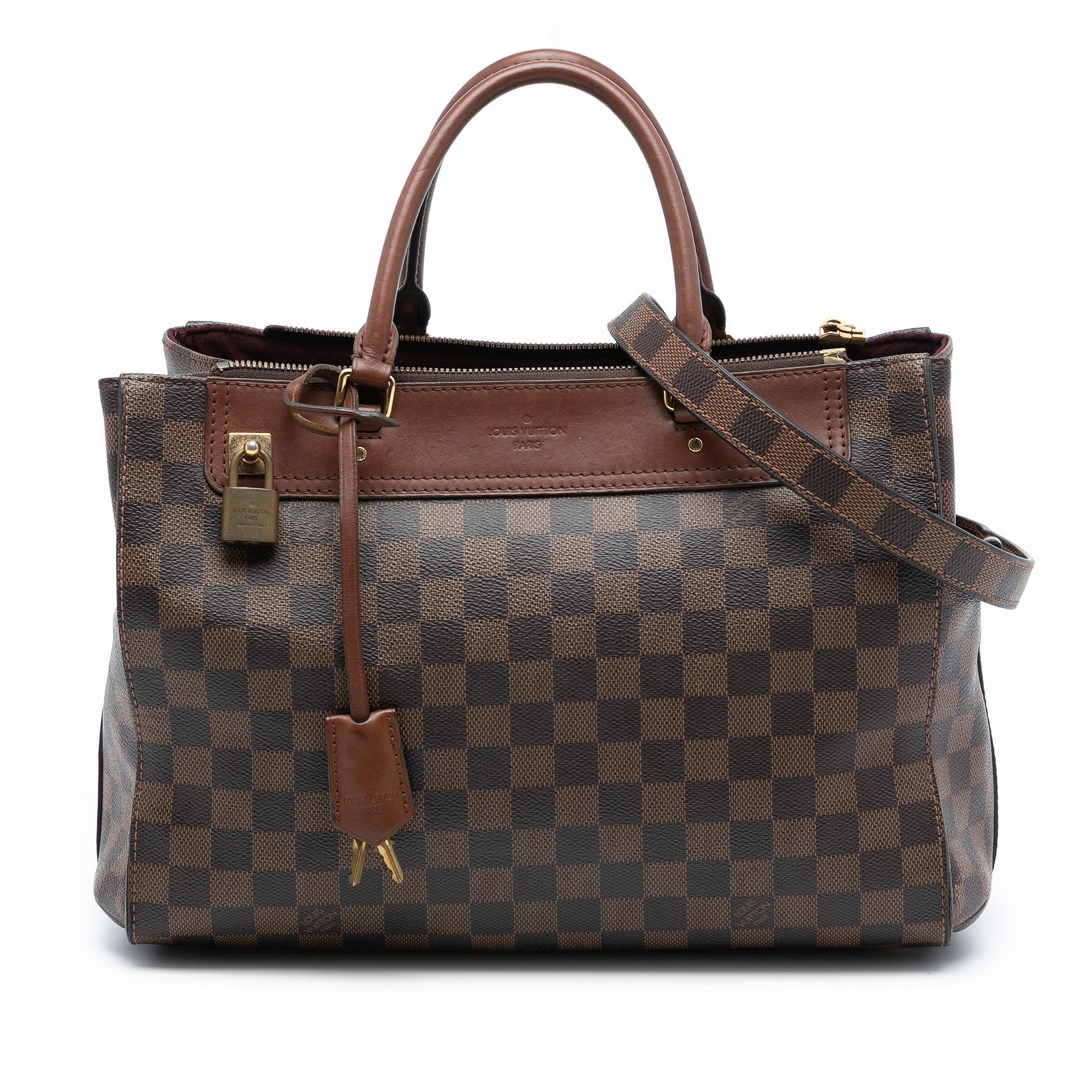 Greenwich PM Brown Damier Canvas Satchel with Leather Trim by Louis Vuitton: Greenwich PM Brown Damier Canvas Satchel with Leather Trim by Louis Vuitton The Louis Vuitton Damier Ebene Greenwich PM features a signature Damier canvas body with leather trim, rolled leather handle
