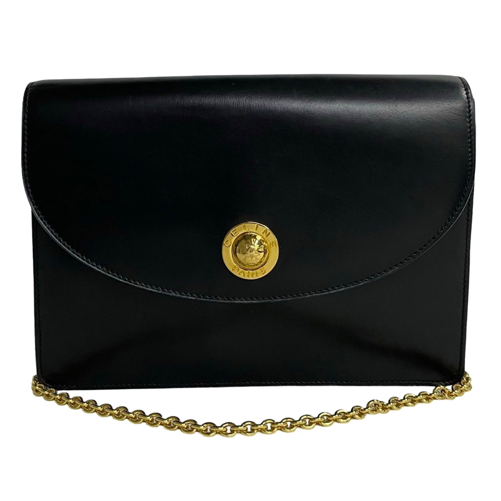 Celine Star Ball Black Leather Crossbody Bag with Chain Strap: Celine Star Ball Black Leather Crossbody Bag with Chain Strap This Celine Calfskin Star Ball Crossbody bag features a black leather body with a chain link strap and a front flap secured by a magnetic 