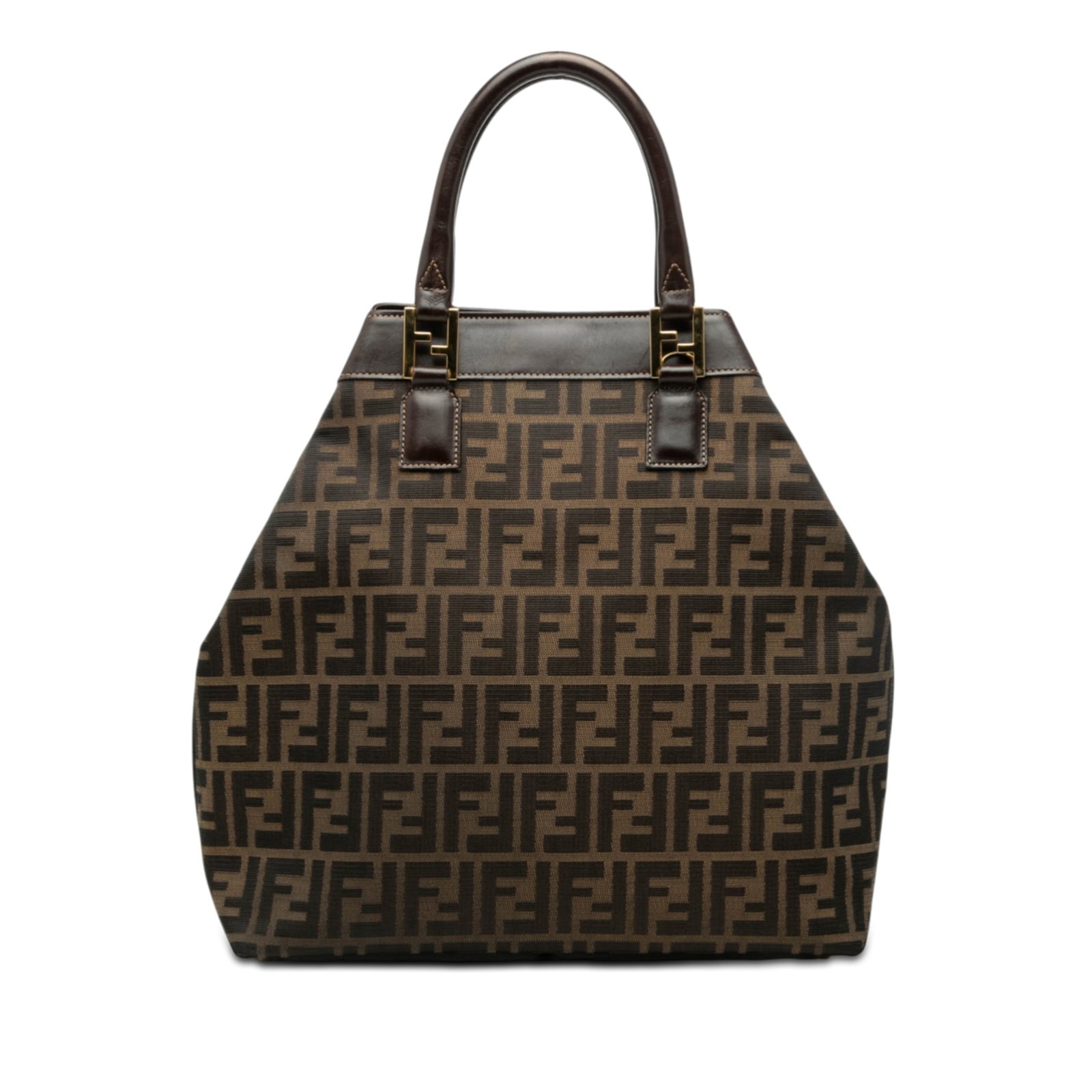 Brown Canvas Tote Bag with Leather Trim by Fendi Zucca: Brown Canvas Tote Bag with Leather Trim by Fendi Zucca This Fendi Zucca Canvas Tote features a canvas body with leather trim, rolled leather top handles, an open top secured with a lobster clasp closu