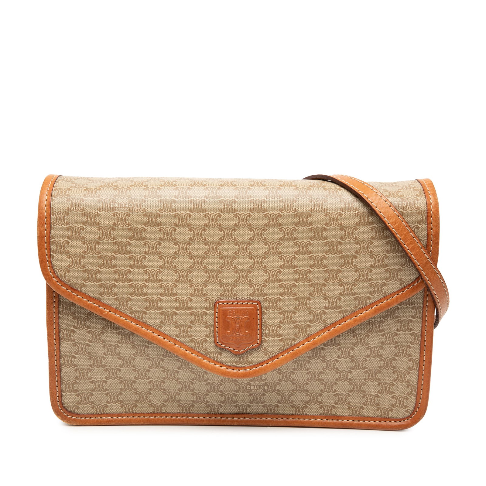Celine Macadam Beige Coated Canvas Crossbody Bag with Leather Trim: Celine Macadam Beige Coated Canvas Crossbody Bag with Leather Trim This Celine Macadam crossbody bag features a coated canvas body with leather trim, a flat leather strap, a front flap with magnetic s