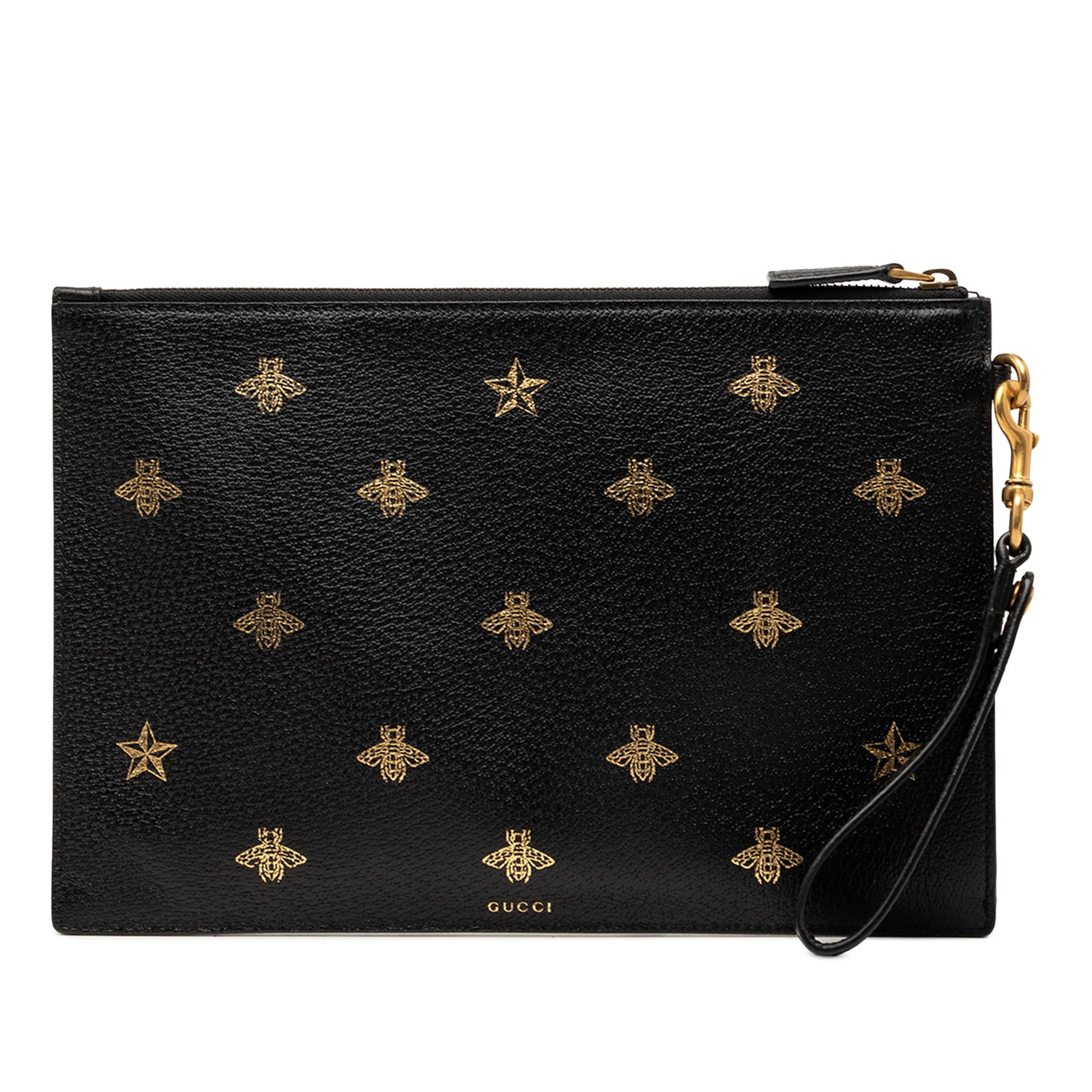 Gucci Black Leather Wristlet Clutch with Bee and Star Print (1 of 9)