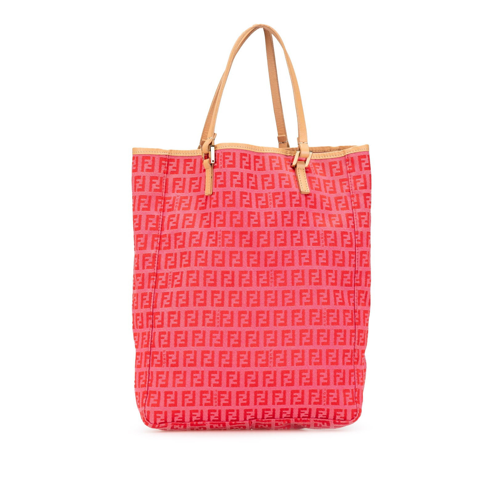 Pink Zucchino Canvas Tote Bag with Leather Trim by Fendi: Pink Zucchino Canvas Tote Bag with Leather Trim by Fendi This Fendi Zucchino Canvas Tote features a pink canvas body accented with leather trim and flat leather handles. The bag has an open top and di