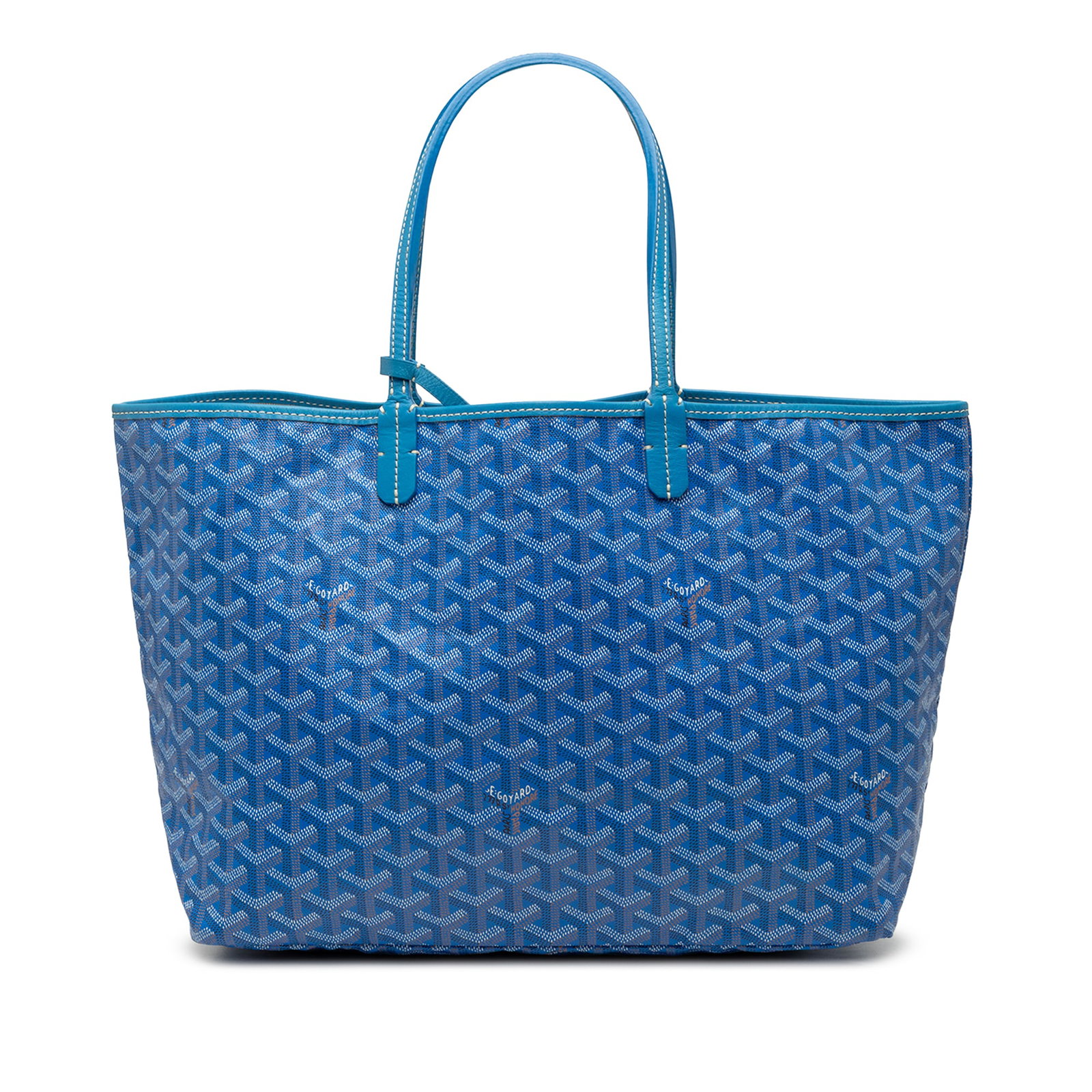 Goyard Saint Louis PM Blue Tote with Leather Trim and Pouch: Goyard Saint Louis PM Blue Tote with Leather Trim and Pouch This Goyardine Saint Louis PM features a coated canvas body with leather trim, flat leather handles, an open top, and comes with a detachabl