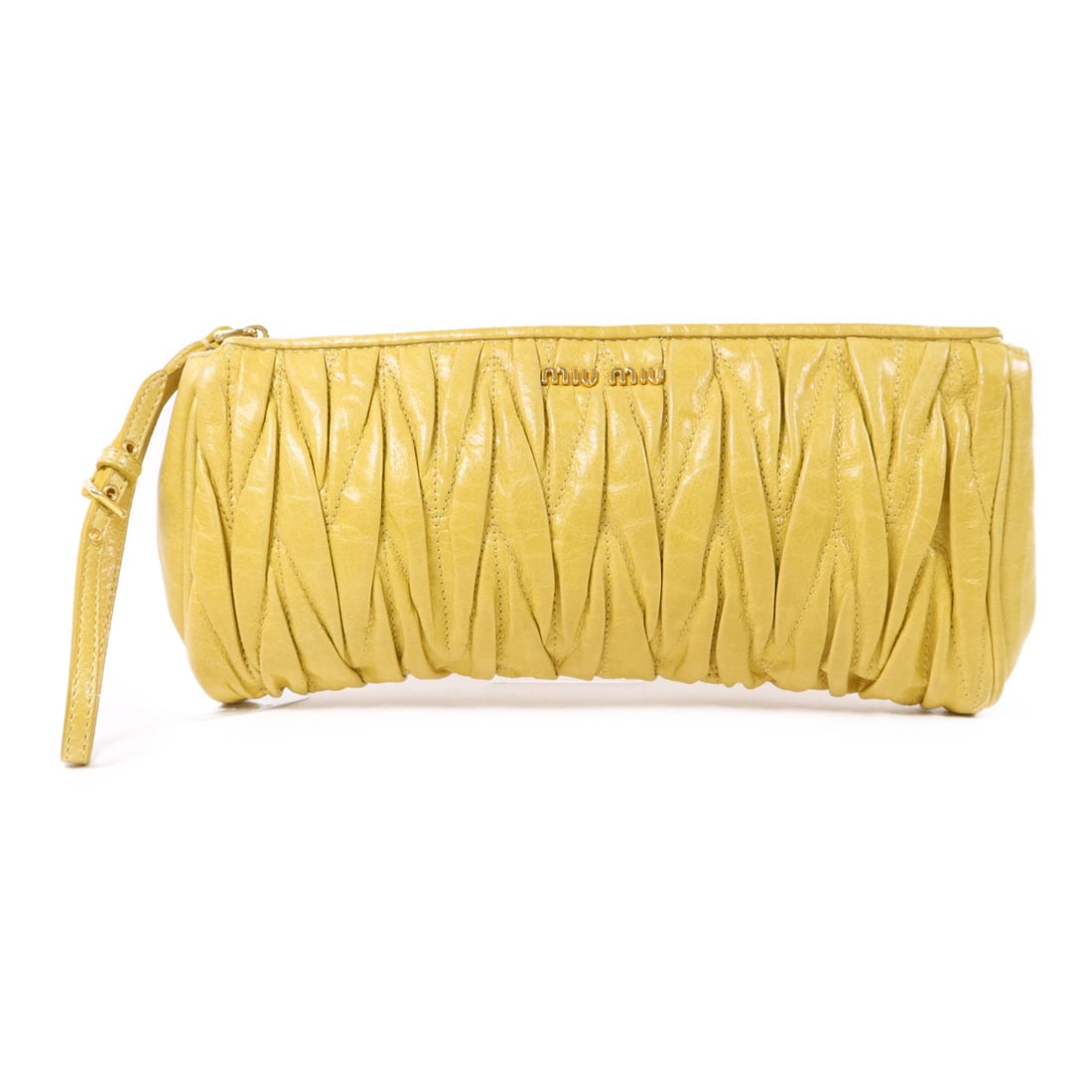 Miu Miu Yellow Calfskin Leather Clutch Bag with Gold Hardware: Miu Miu Yellow Calfskin Leather Clutch Bag with Gold Hardware This Miu Miu clutch bag is crafted from high-quality calfskin leather in a vibrant yellow hue. Designed for both style and functionality, 
