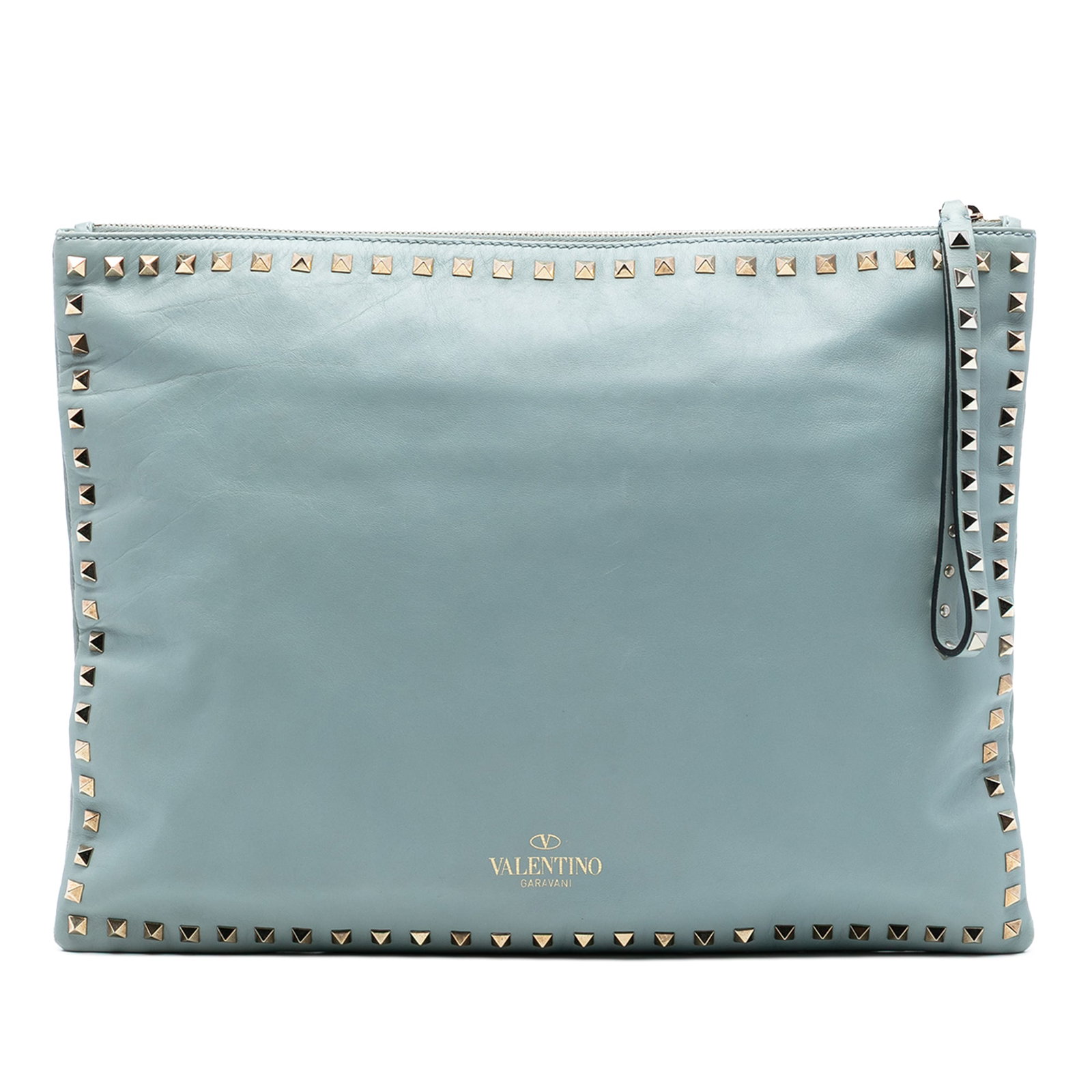 Valentino Rockstud Blue Leather Studded Oversized Clutch Bag Italy: Valentino Rockstud Blue Leather Studded Oversized Clutch Bag Italy This Valentino Large Leather Rockstud Clutch features a blue leather body adorned with metal studs, a top zip closure, and interior z
