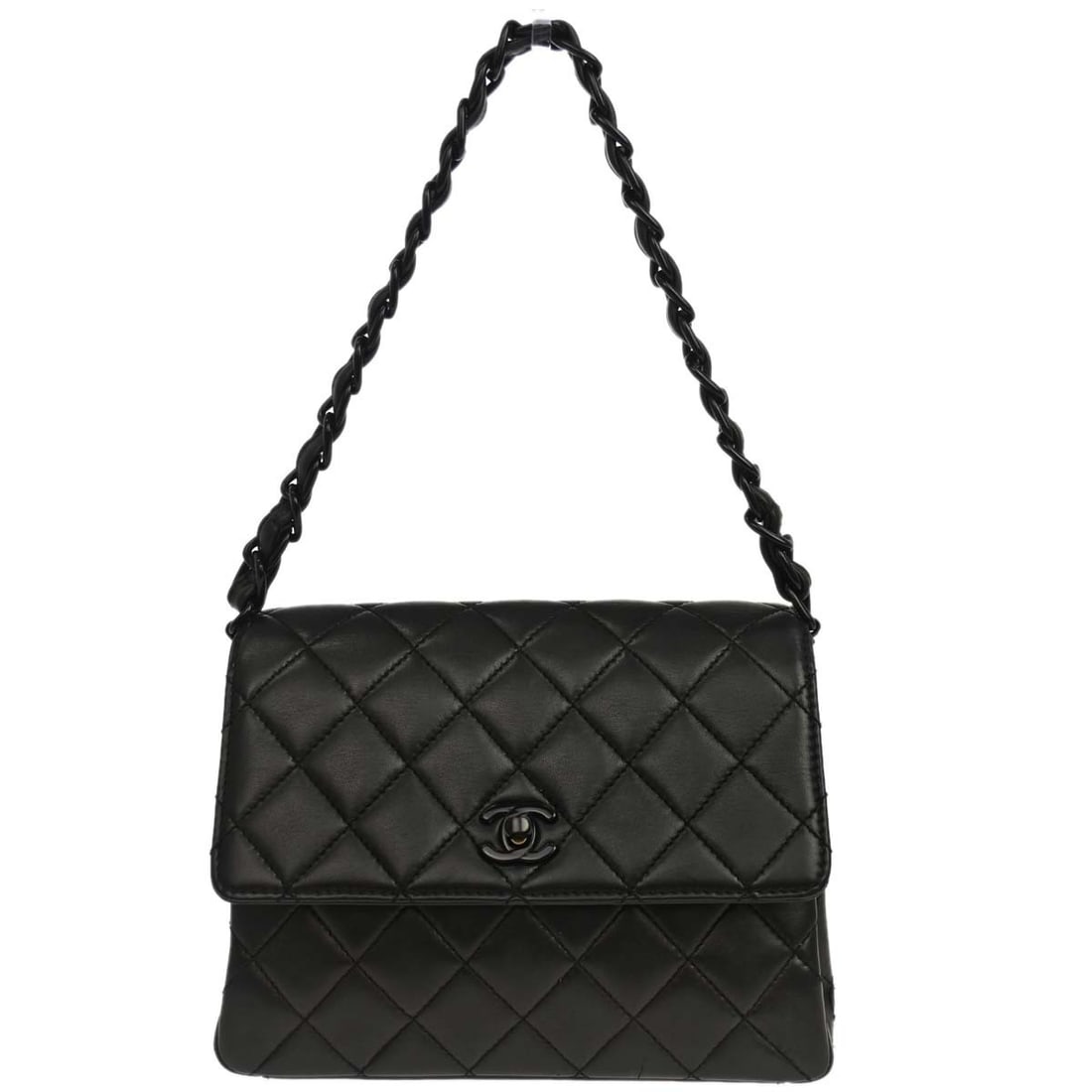 CHANEL Matelasse Black Lambskin Flap Handbag: CHANEL Matelasse Black Lambskin Flap Handbag This Chanel handbag features a black lambskin leather exterior with an elegant matelasse quilted pattern and a turn lock closure. The medium-sized bag is d