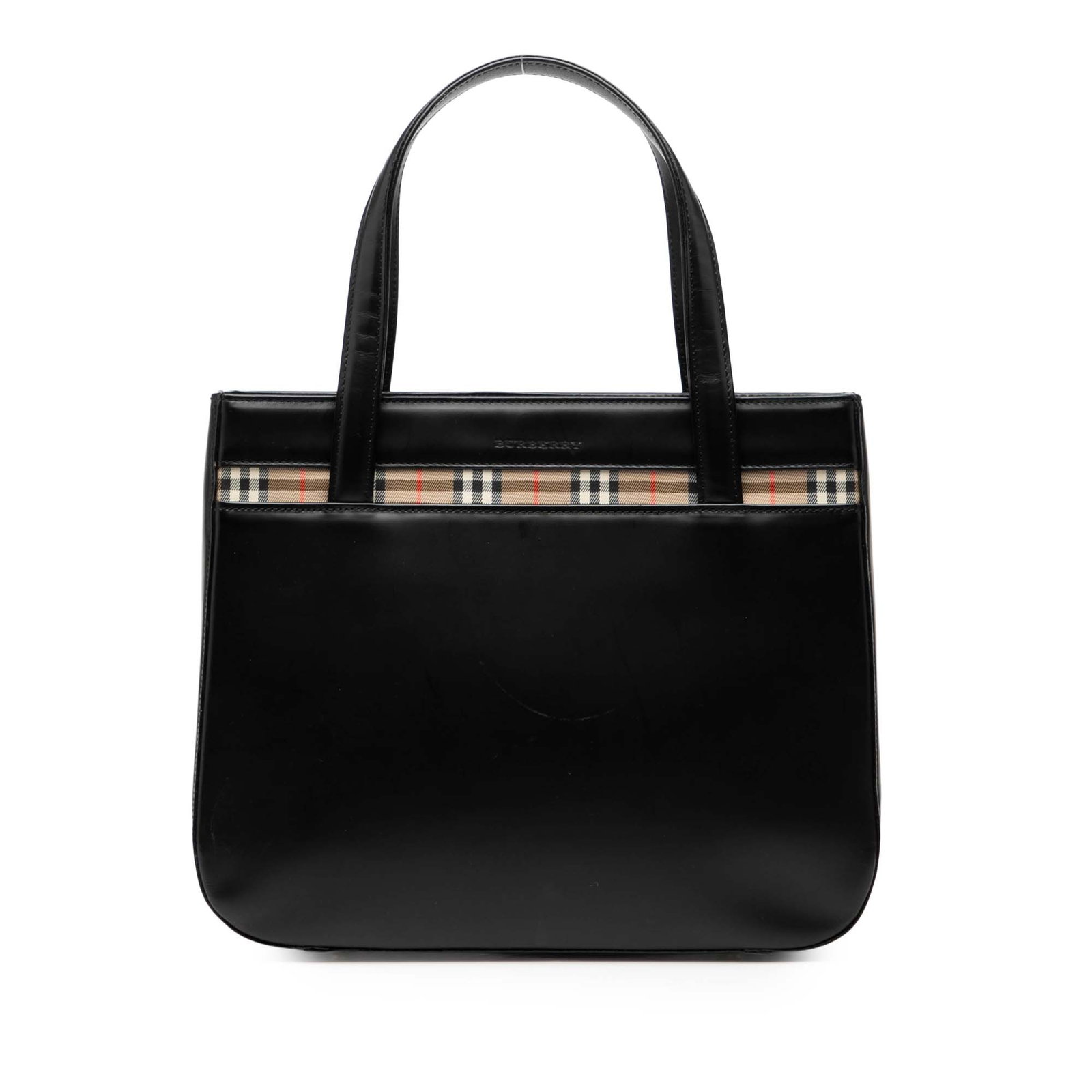 Burberry Black Leather Handbag with House Check Accents: Burberry Black Leather Handbag with House Check Accents This Burberry handbag features a leather body with signature House Check trim, flat leather handles, an open top, a zip compartment, an exterior