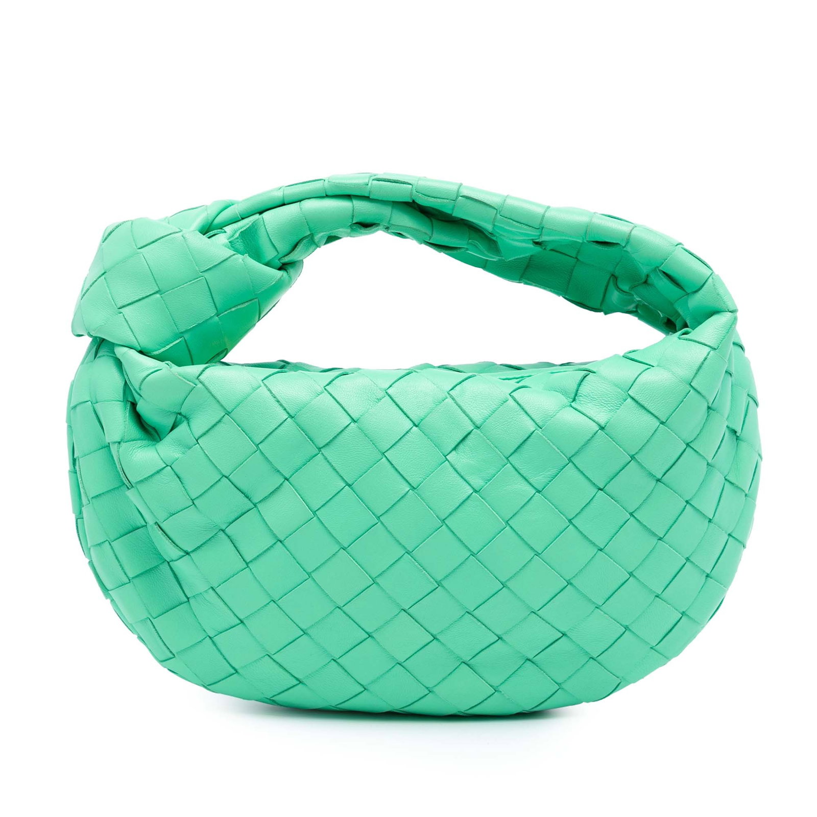 Mini Jodie Green Woven Nappa Leather Bag by Bottega Veneta: Mini Jodie Green Woven Nappa Leather Bag by Bottega Veneta The Bottega Veneta Mini Nappa Intrecciato Jodie showcases a woven nappa leather body in green, featuring an intricately woven and knotted han