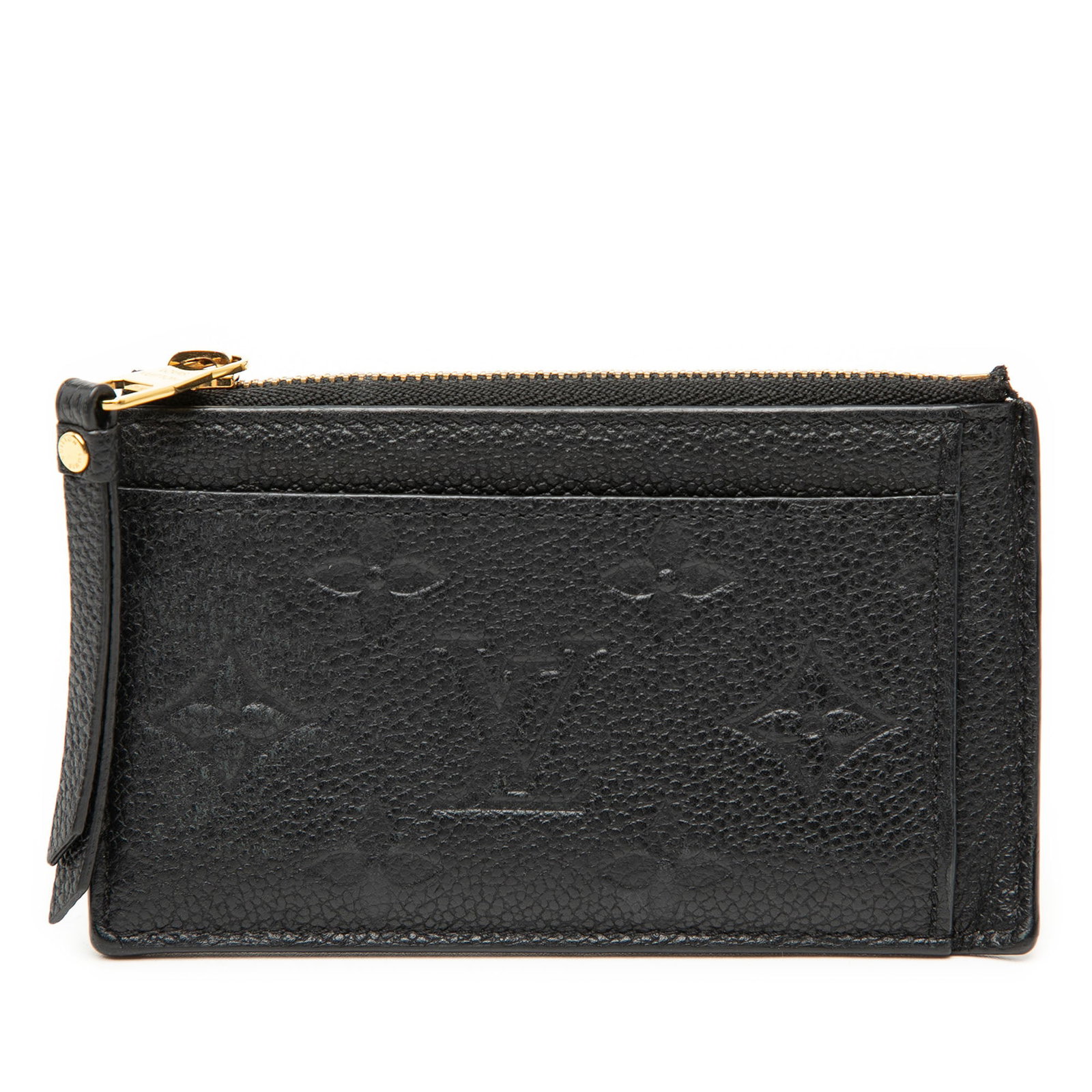 Black Leather Card Holder by Louis Vuitton Monogram Empreinte: Black Leather Card Holder by Louis Vuitton Monogram Empreinte This Louis Vuitton Monogram Empreinte zipped card holder is crafted from black leather and features a Monogram Empreinte exterior, top zip