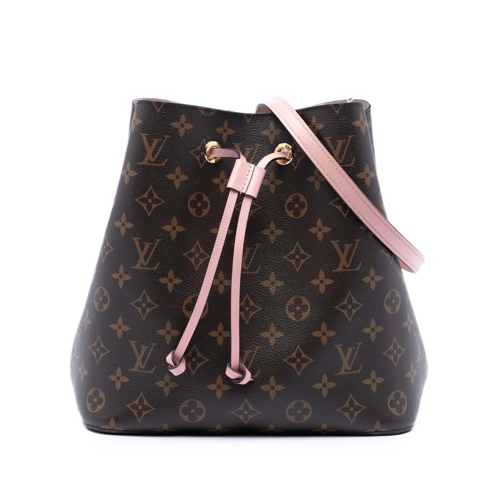 Monogram Canvas Neonoe MM Bucket Bag with Drawstring by Louis Vuitton: Monogram Canvas Neonoe MM Bucket Bag with Drawstring by Louis Vuitton The Louis Vuitton Monogram Neonoe MM features a monogram canvas body with a detachable flat leather strap, a drawstring closure, a