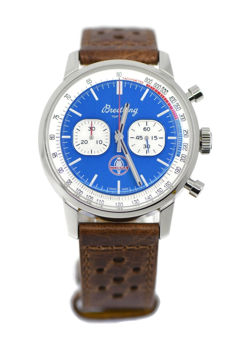 Top Time Shelby Chronograph 40mm Watch by Breitling Ref A41315 with Box: Top Time Shelby Chronograph 40mm Watch by Breitling Ref A41315 with Box This Breitling Top Time Shelby wristwatch features a 40 mm stainless steel case with a striking blue analog dial. Equipped with 