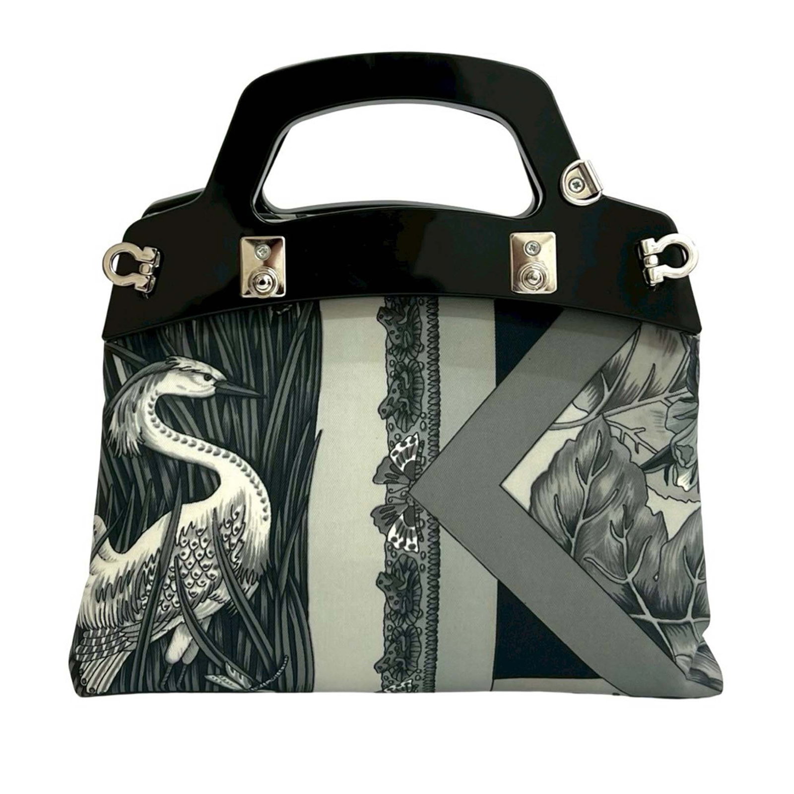 Ferragamo Canvas Satchel with Acrylic Handles and Leather Strap: Ferragamo Canvas Satchel with Acrylic Handles and Leather Strap This Ferragamo satchel features a printed canvas body, acrylic top handles, and a detachable flat leather strap. The bag is designed wit