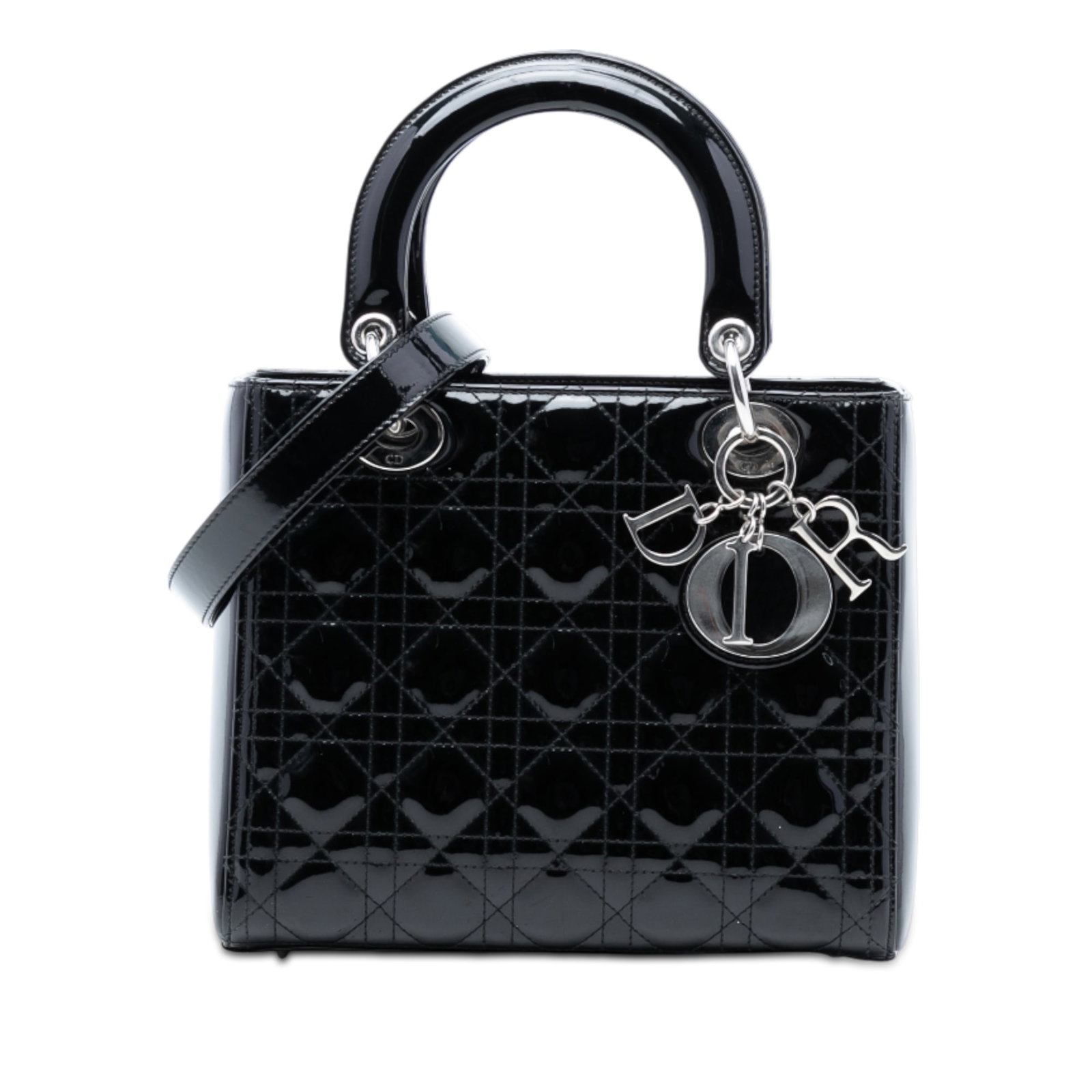 Dior Lady Dior Medium Black Patent Cannage Quilted Leather Handbag: Dior Lady Dior Medium Black Patent Cannage Quilted Leather Handbag This Medium Patent Cannage Lady Dior handbag features a quilted black patent leather body, flat leather top handles, a detachable fla