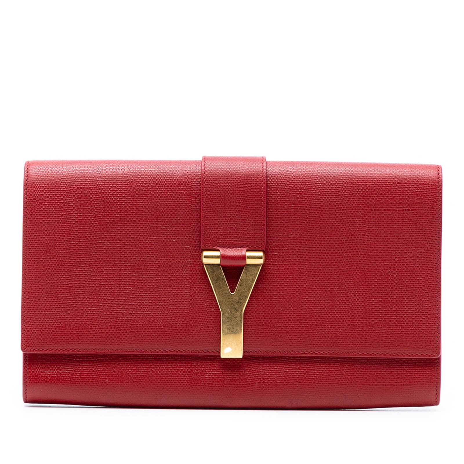 Saint Laurent Chyc Ligne Red Leather Clutch with Gold Y Hardware: Saint Laurent Chyc Ligne Red Leather Clutch with Gold Y Hardware This Saint Laurent Chyc Ligne Clutch showcases a textured leather body in red, featuring a front flap with gold-tone Y hardware and an 