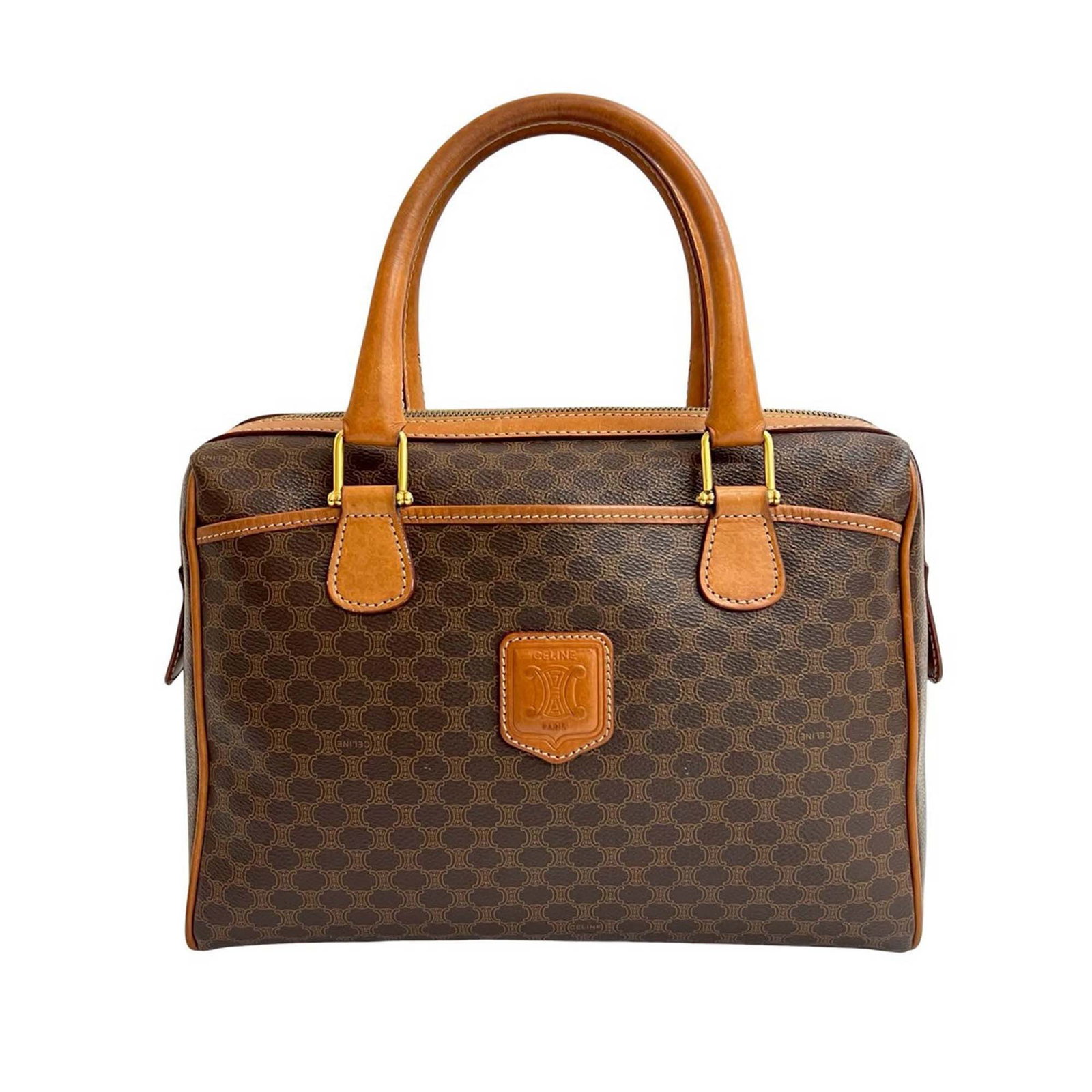 Celine Macadam Brown Coated Canvas Boston Bag with Leather Trim: Celine Macadam Brown Coated Canvas Boston Bag with Leather Trim This Celine Macadam Boston bag features a coated canvas body with leather trim, rolled leather handles, a top zip closure, and an interi
