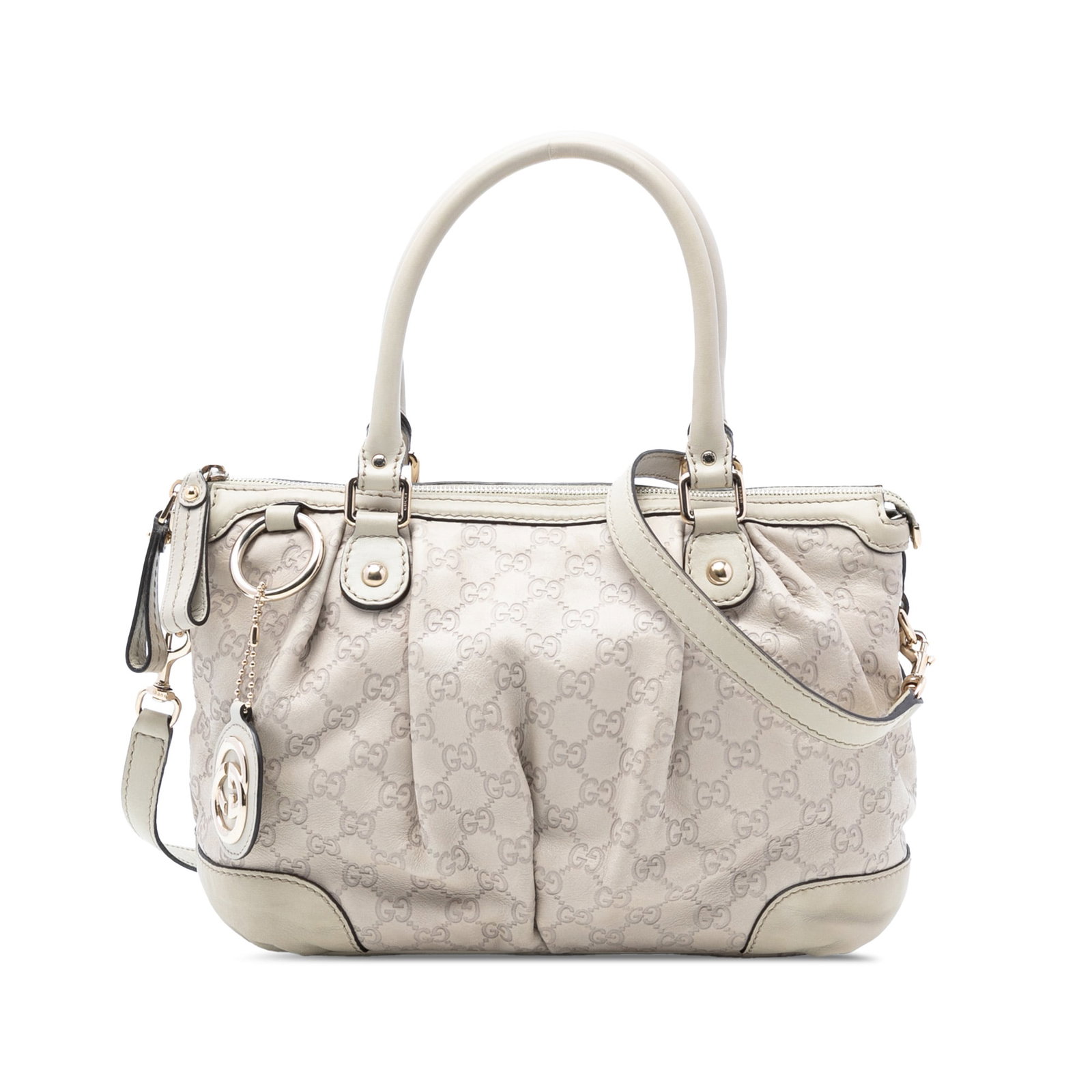 Gucci Sukey Satchel White Leather Handbag with Detachable Strap: Gucci Sukey Satchel White Leather Handbag with Detachable Strap The Guccissima Sukey Satchel is crafted from white leather and features rolled leather handles, a detachable strap, a top zip closure, a