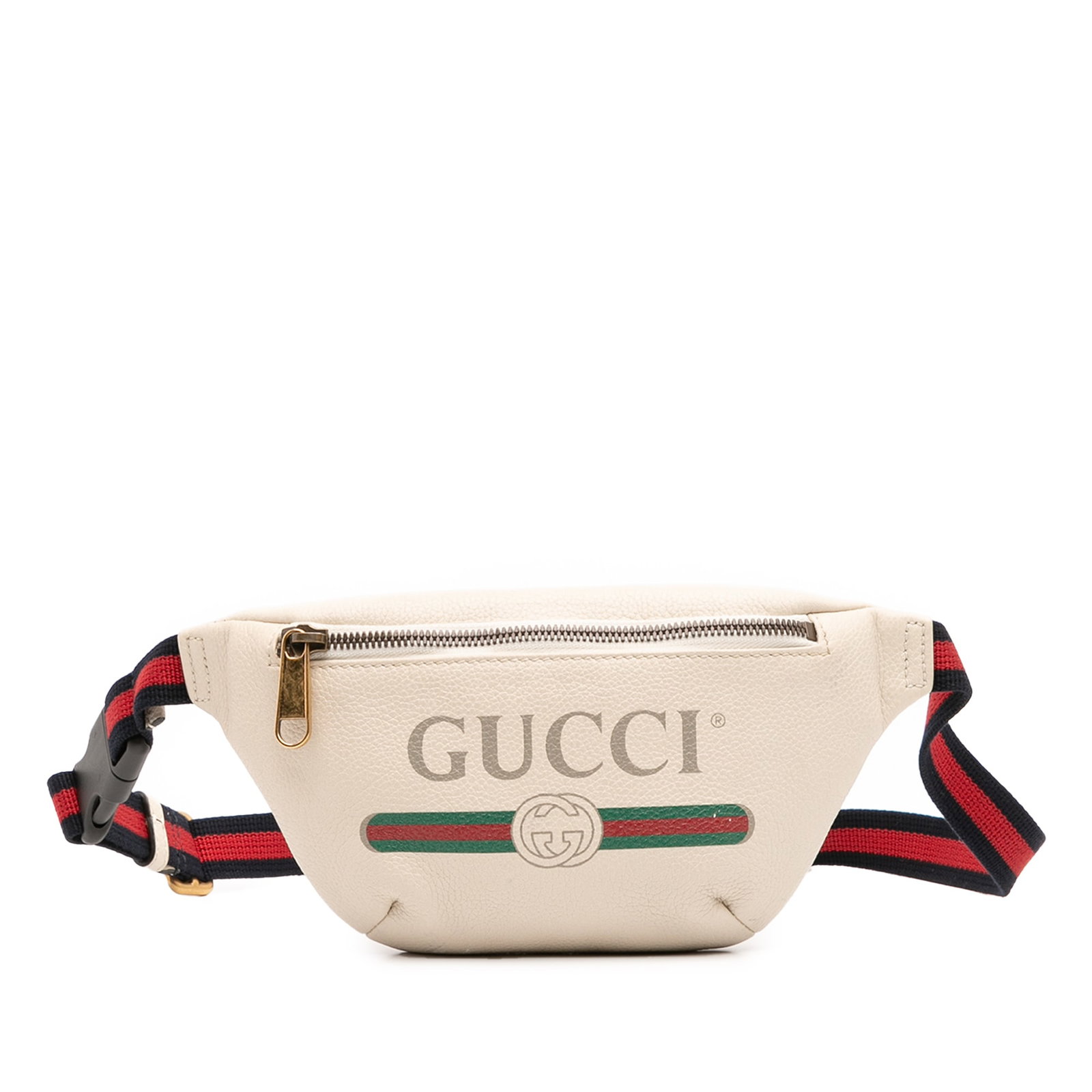 Gucci White Leather Small Logo Belt Bag with Adjustable Strap: Gucci White Leather Small Logo Belt Bag with Adjustable Strap The Gucci Leather Logo Belt Bag is a stylish accessory featuring a printed leather body with a top zip closure and an adjustable nylon str