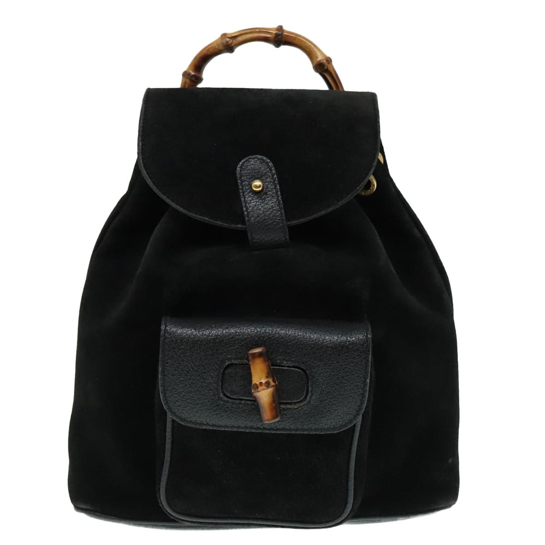 Black Suede Gucci Bamboo Backpack for Women 20cm x 22cm x 7cm: Black Suede Gucci Bamboo Backpack for Women 20cm x 22cm x 7cm This Gucci bamboo backpack for women features a black suede exterior and is crafted in Italy. The bag shows signs of use, including rubbin