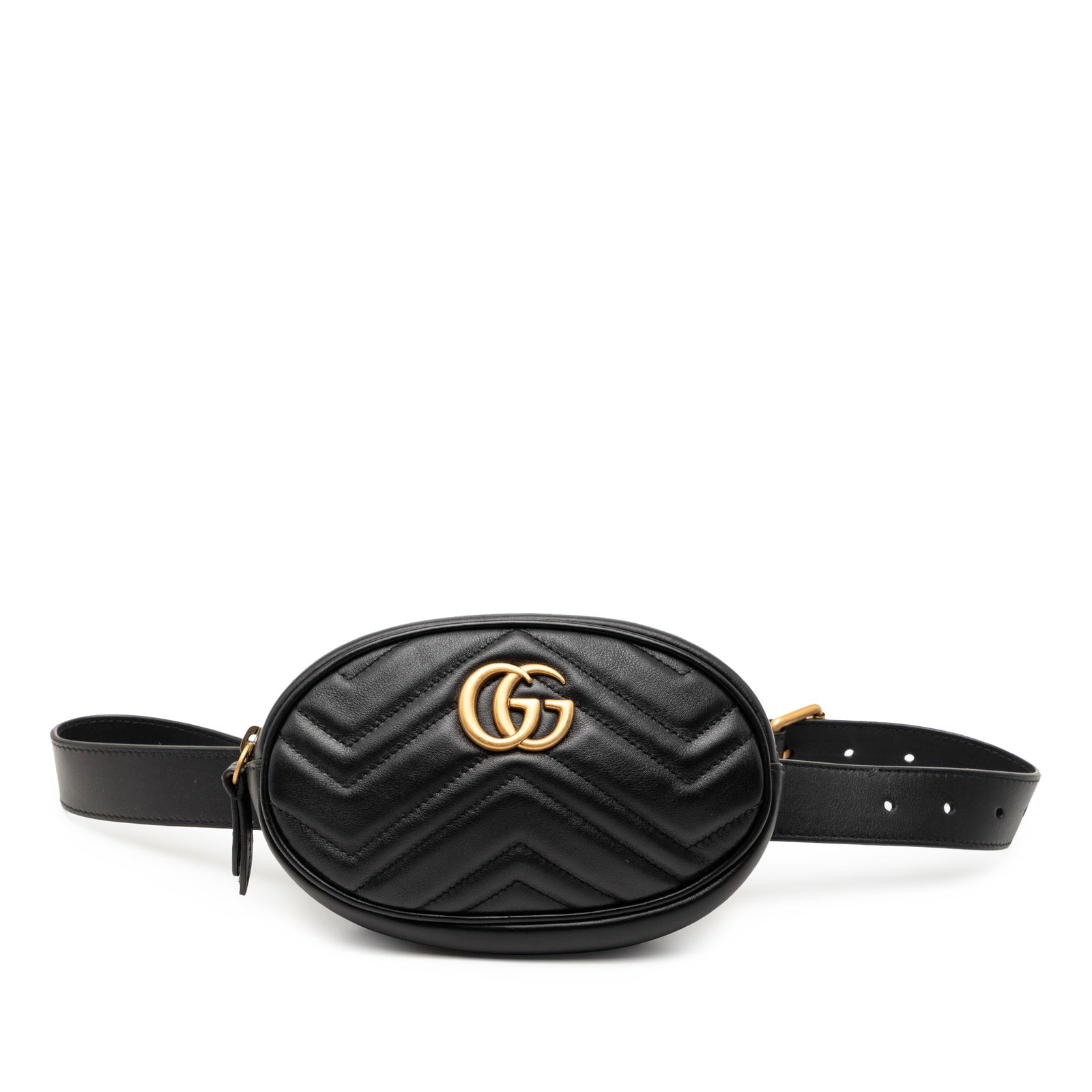Gucci GG Marmont Black Quilted Leather Waist Belt Bag: Gucci GG Marmont Black Quilted Leather Waist Belt Bag This Gucci GG Marmont Matelasse belt bag features a quilted black leather body, an adjustable flat leather waist strap, a top zip closure, and an 