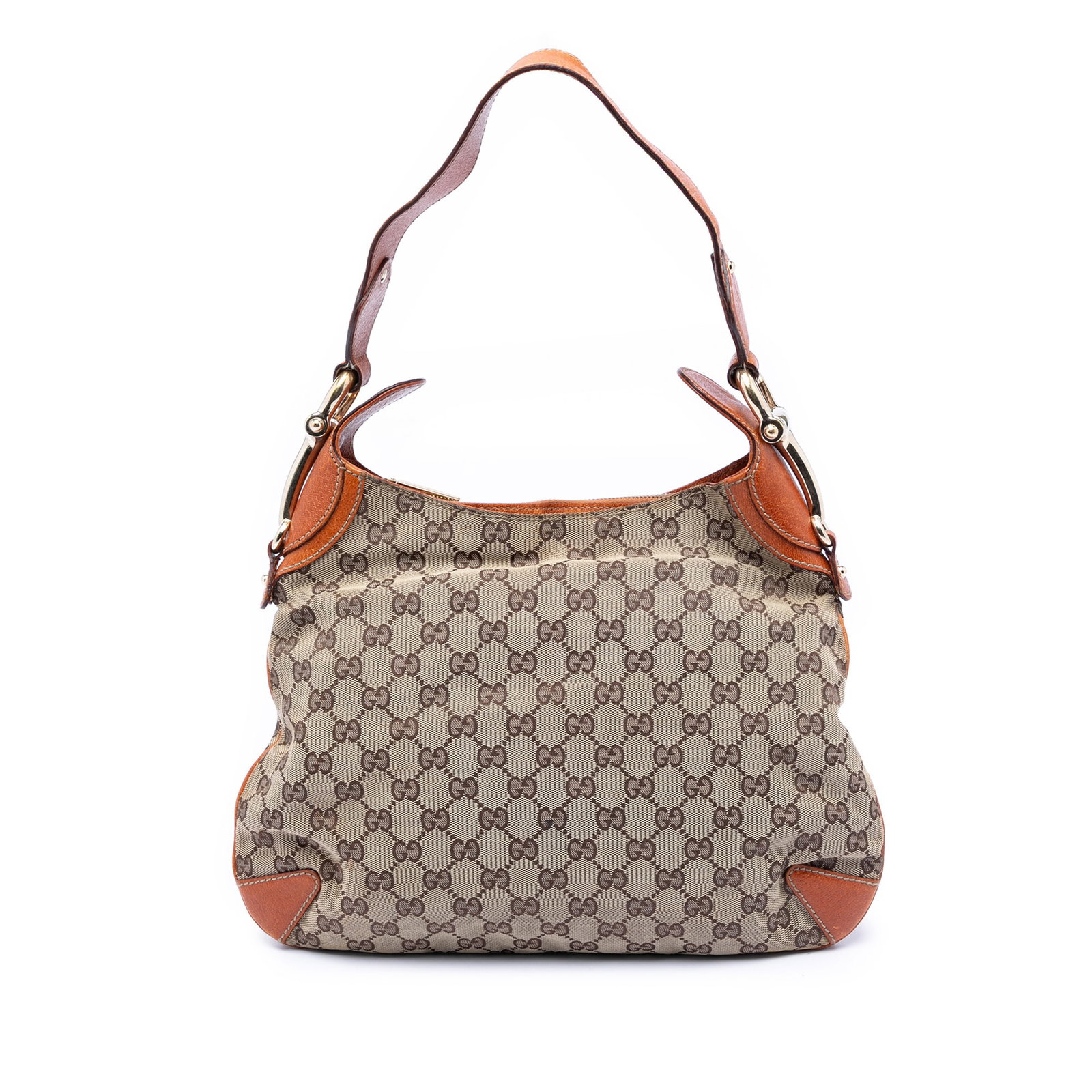 Gucci Creole Hobo Shoulder Bag GG Canvas with Horsebit Accent: Gucci Creole Hobo Shoulder Bag GG Canvas with Horsebit Accent This Gucci GG Canvas Horsebit Creole Hobo Bag features a beige canvas body with leather trim, a flat leather strap accented with silver-to