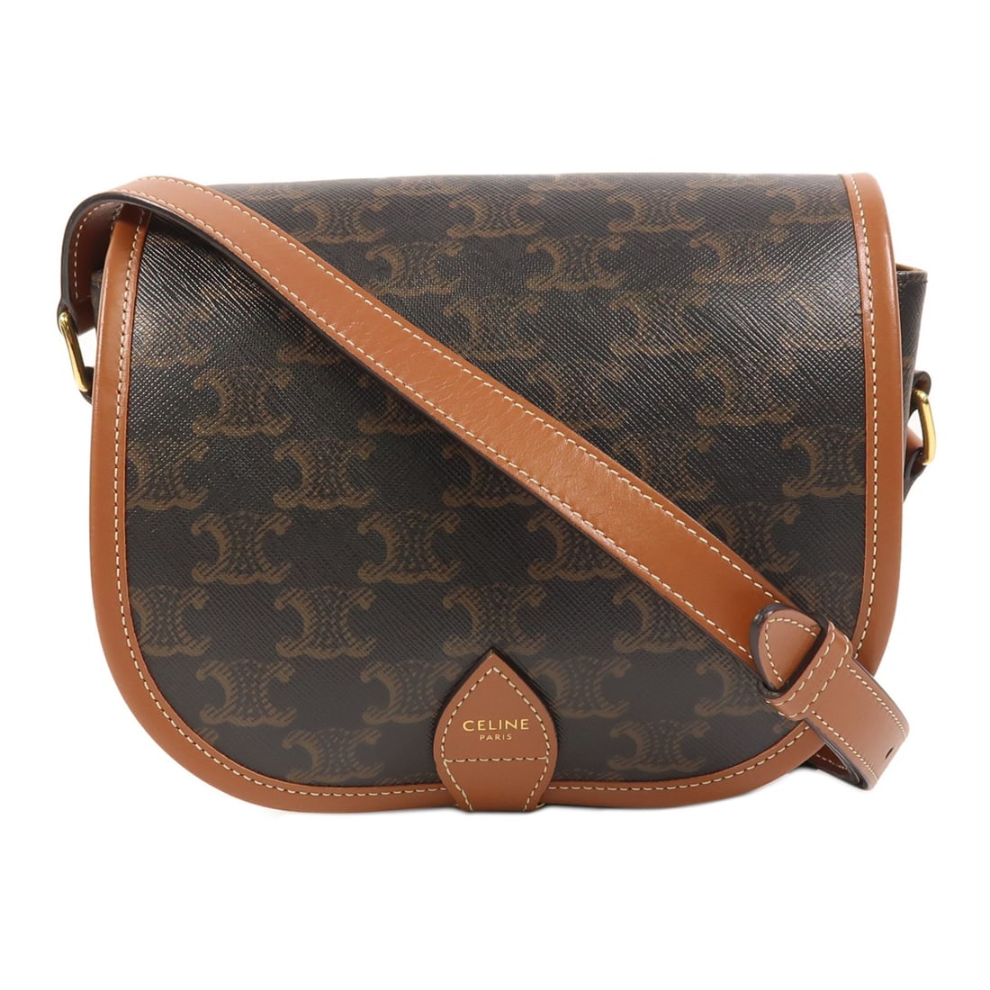 Celine Folco Brown Coated Canvas Shoulder Bag with Gold Tone Hardware: Celine Folco Brown Coated Canvas Shoulder Bag with Gold Tone Hardware This CELINE Folco shoulder bag features a brown PVC coated canvas exterior and gold tone hardware. Designed for women, the bag has