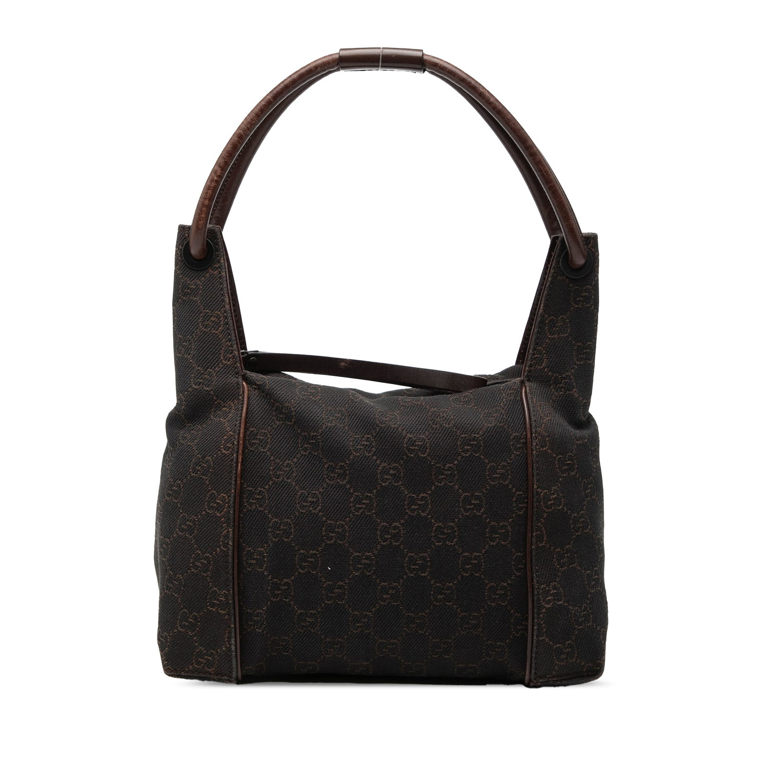 Gucci GG Denim Brown Fabric Handbag with Leather Trim and Zip Closure: Gucci GG Denim Brown Fabric Handbag with Leather Trim and Zip Closure This Gucci GG Denim Handbag features a denim body accented with leather trim, rolled leather handles, a top zip closure, and an in