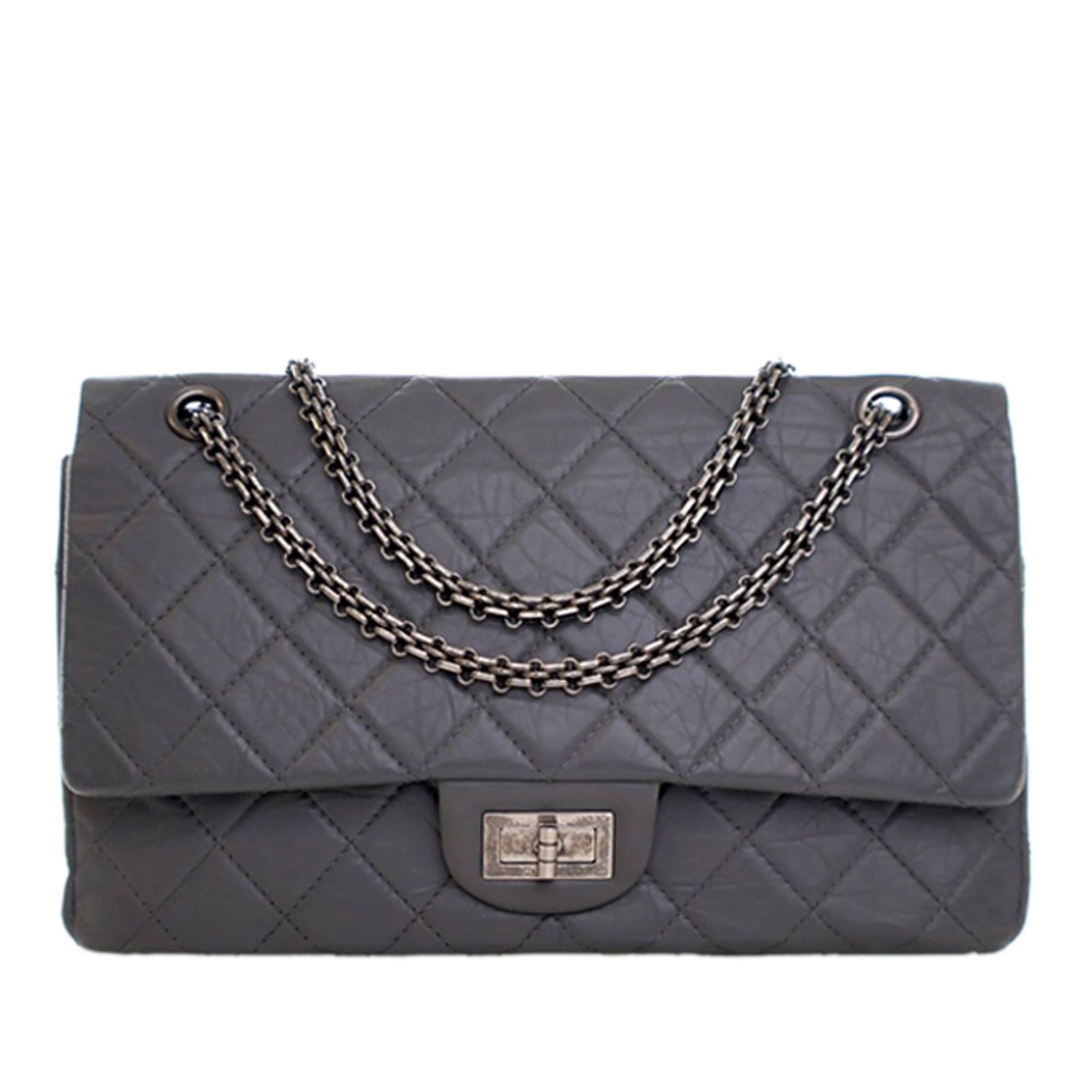 Chanel Reissue 2.55 227 Gray Quilted Aged Calfskin Double Flap Shoulder Bag: Chanel Reissue 2.55 227 Gray Quilted Aged Calfskin Double Flap Shoulder Bag This Chanel Quilted Aged Calfskin Reissue 2.55 Double Flap 227 shoulder bag features an aged calfskin leather body in gray, 