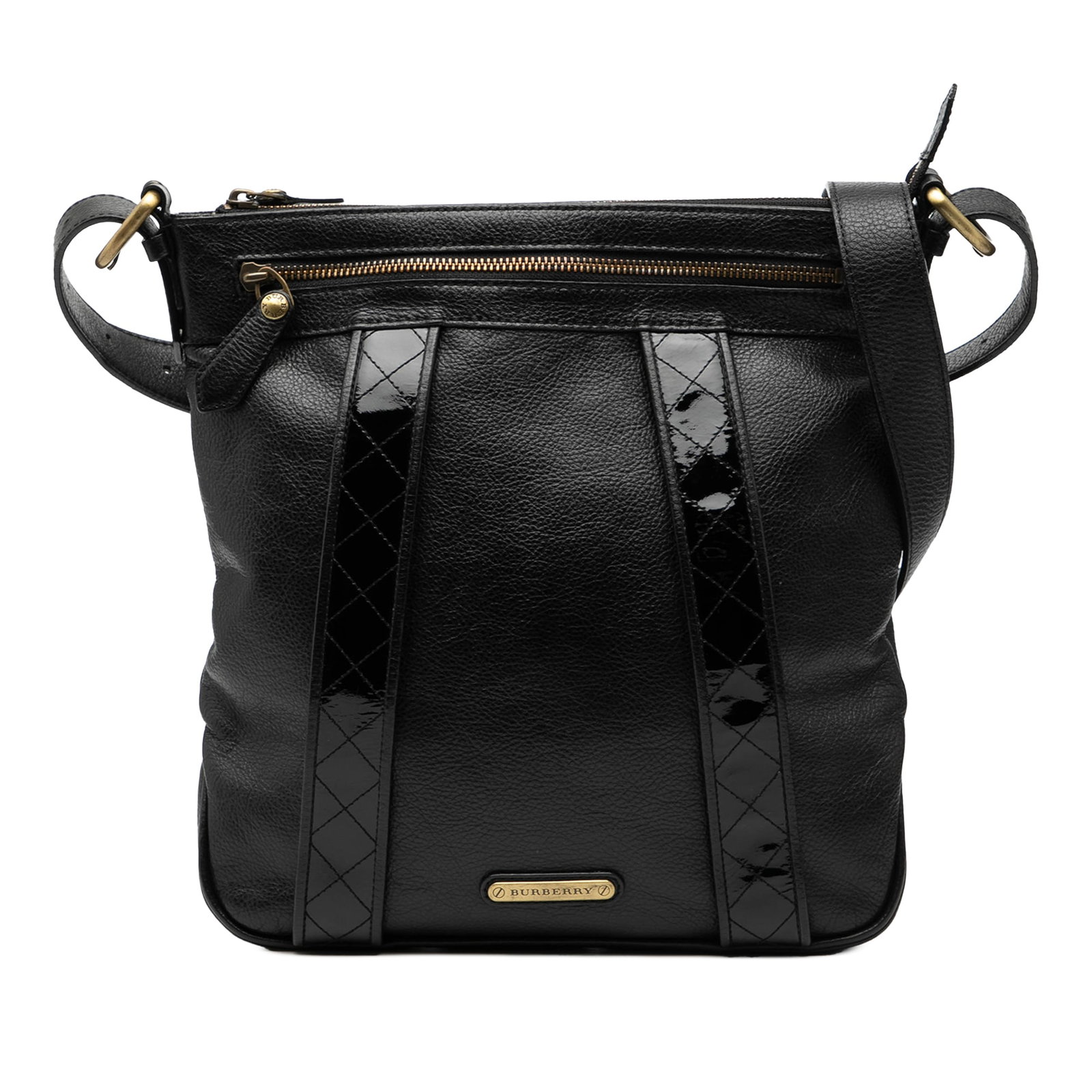 Black Leather Crossbody Bag by Burberry with Adjustable Strap: Black Leather Crossbody Bag by Burberry with Adjustable Strap This Burberry crossbody bag is crafted from leather and features an adjustable flat leather shoulder strap, top zip closure, and both exte