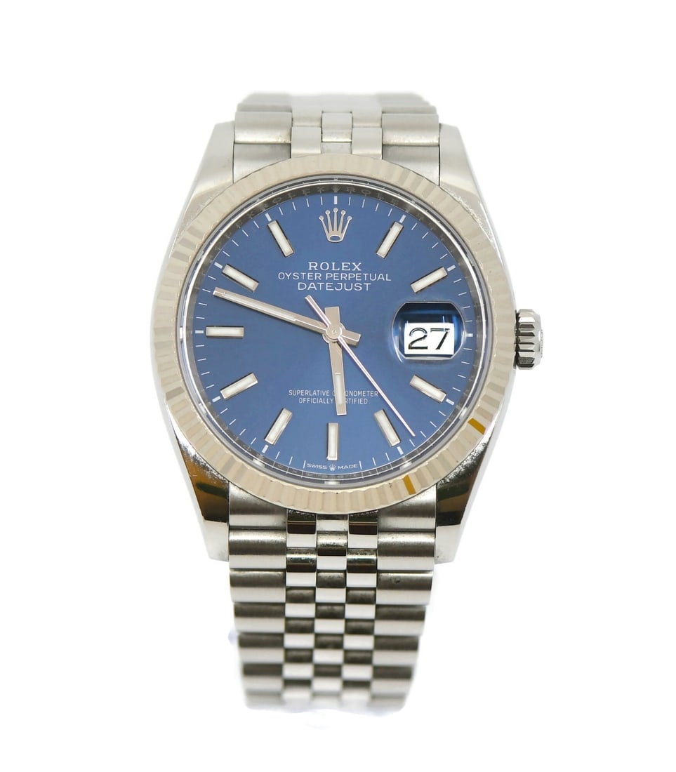 Blue Dial 36mm Stainless Steel Datejust Wristwatch Ref 126234 With Box and Papers: Blue Dial 36mm Stainless Steel Datejust Wristwatch Ref 126234 With Box and Papers This Rolex Datejust 36 wristwatch features a stainless steel case and band, a blue analog dial, and automatic mechanic