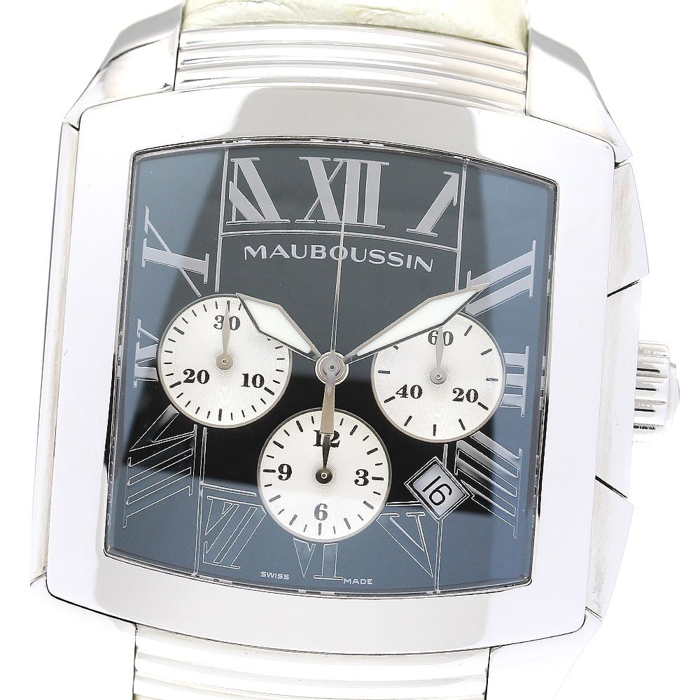 MAUBOUSSIN R.529 Automatic Chronograph Date Men's Wristwatch: MAUBOUSSIN R.529 Automatic Chronograph Date Men's Wristwatch This MAUBOUSSIN R.529 men's chronograph wristwatch features a stainless steel case and a black dial, paired with a leather strap. It is equ