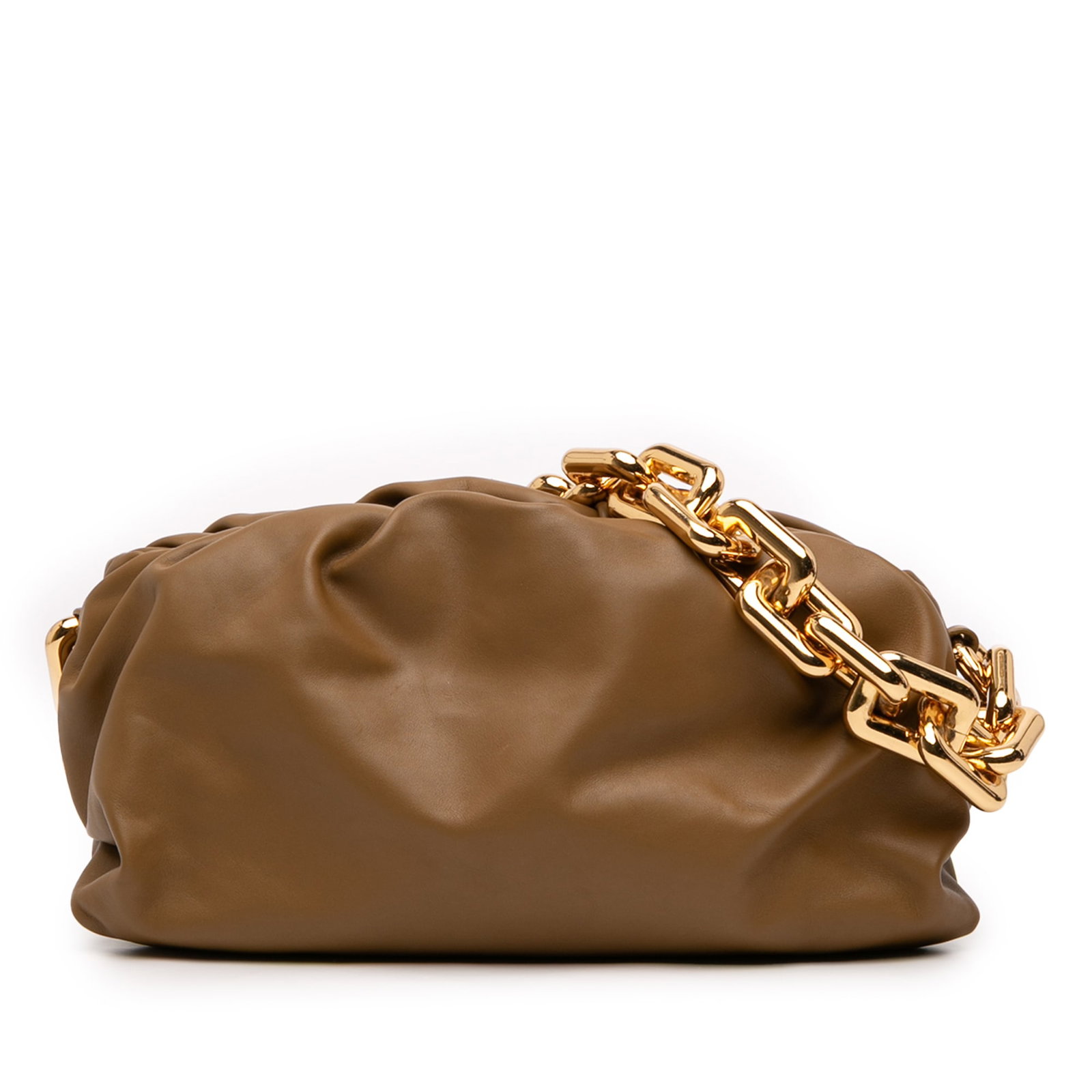 Brown Leather Chain Pouch Bag by Bottega Veneta: Brown Leather Chain Pouch Bag by Bottega Veneta This Bottega Veneta Lambskin Chain Pouch features a leather body with a brown finish, a gold-tone chain link strap, and a top magnetic frame closure. Th