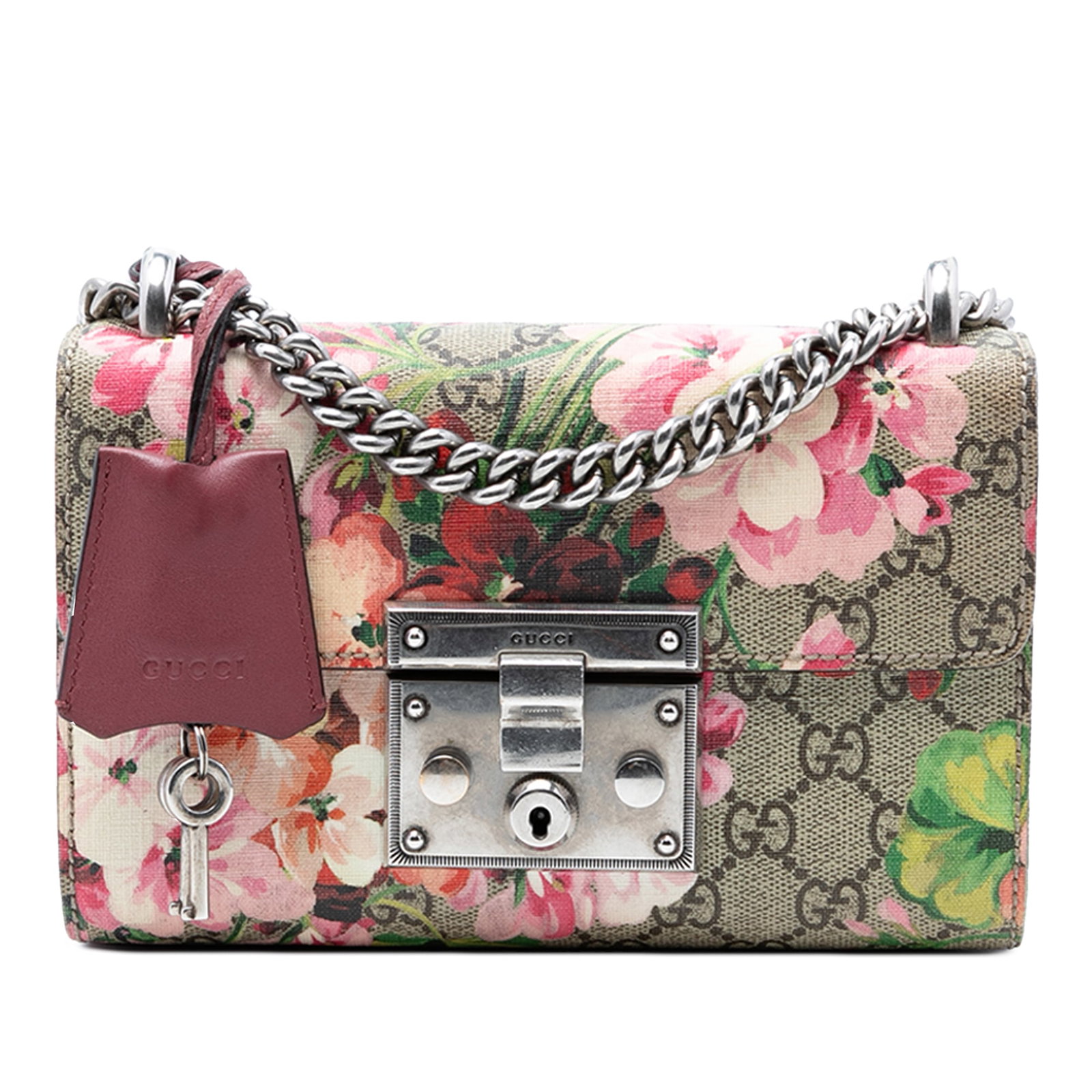 Gucci GG Supreme Blooms Padlock Small Crossbody Shoulder Bag: Gucci GG Supreme Blooms Padlock Small Crossbody Shoulder Bag This Gucci Small GG Supreme Blooms Padlock Crossbody features a coated canvas body with a beige blooms print, a metal chain shoulder strap,