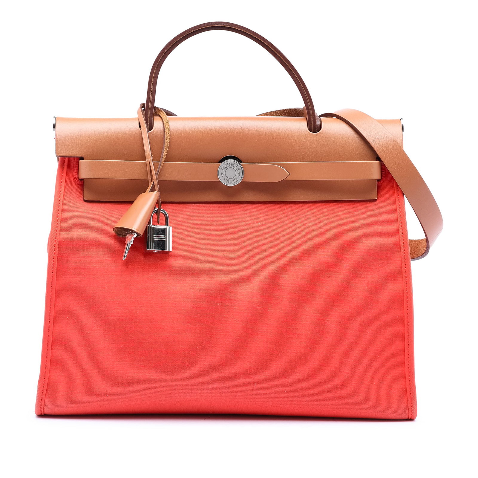 Herbag Zip 31 Orange Canvas Shoulder Bag with Leather Trim by Hermes: Herbag Zip 31 Orange Canvas Shoulder Bag with Leather Trim by Hermes The Hermes Toile Herbag Zip 31 is a sophisticated bag featuring a durable canvas body with leather trim. It is designed with a flat