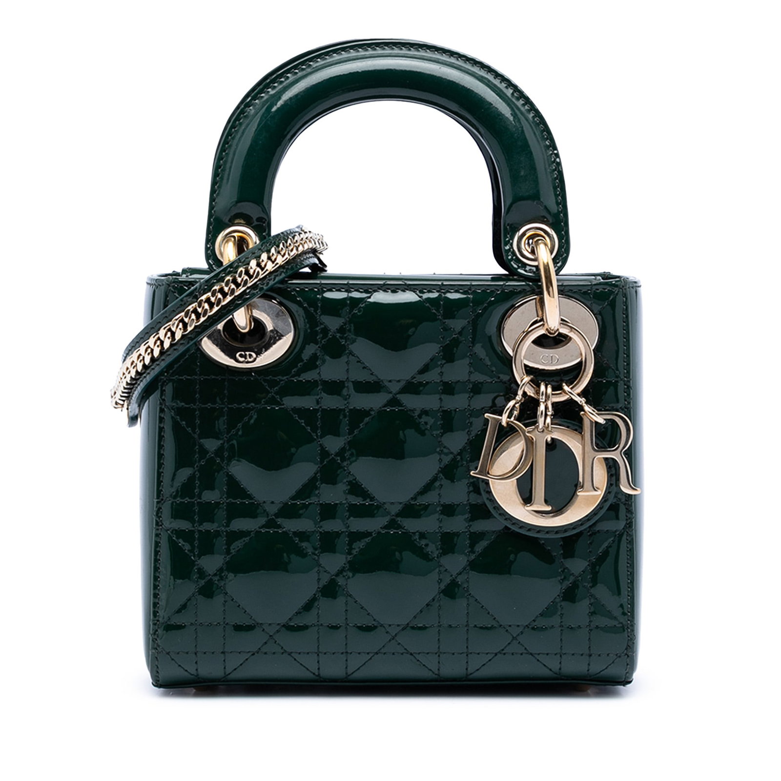 Dior Mini Lady Dior Green Patent Leather Cannage Quilted Bag with Chain Strap: Dior Mini Lady Dior Green Patent Leather Cannage Quilted Bag with Chain Strap This Mini Patent Cannage Lady Dior bag features a quilted patent leather exterior in green, flat leather top handles, and 