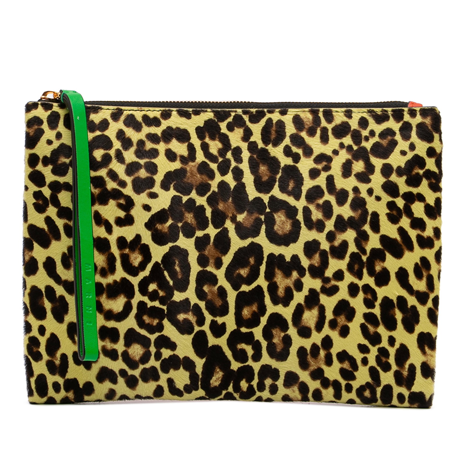 Marni Leopard Pattern Pony Hair and Leather Wristlet Bag: Marni Leopard Pattern Pony Hair and Leather Wristlet Bag This Marni clutch showcases a sophisticated leopard print crafted from printed pony hair and calfskin leather. It features a flat leather wrist