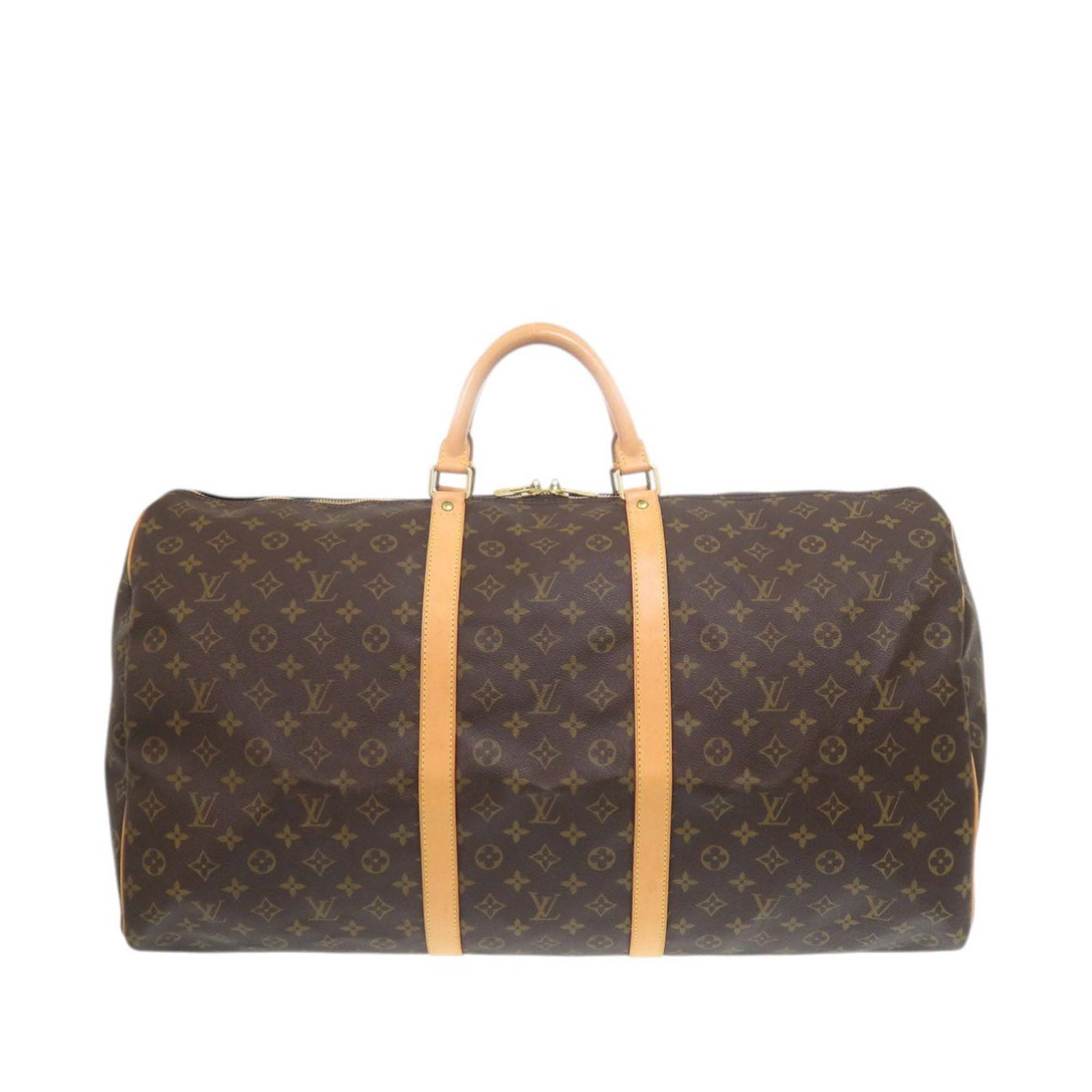 Louis Vuitton Keepall 60 Brown Monogram Canvas Travel Bag with Leather Handles: Louis Vuitton Keepall 60 Brown Monogram Canvas Travel Bag with Leather Handles This Louis Vuitton Keepall 60 features the iconic monogram canvas with rolled vachetta leather handles and a top zip clos