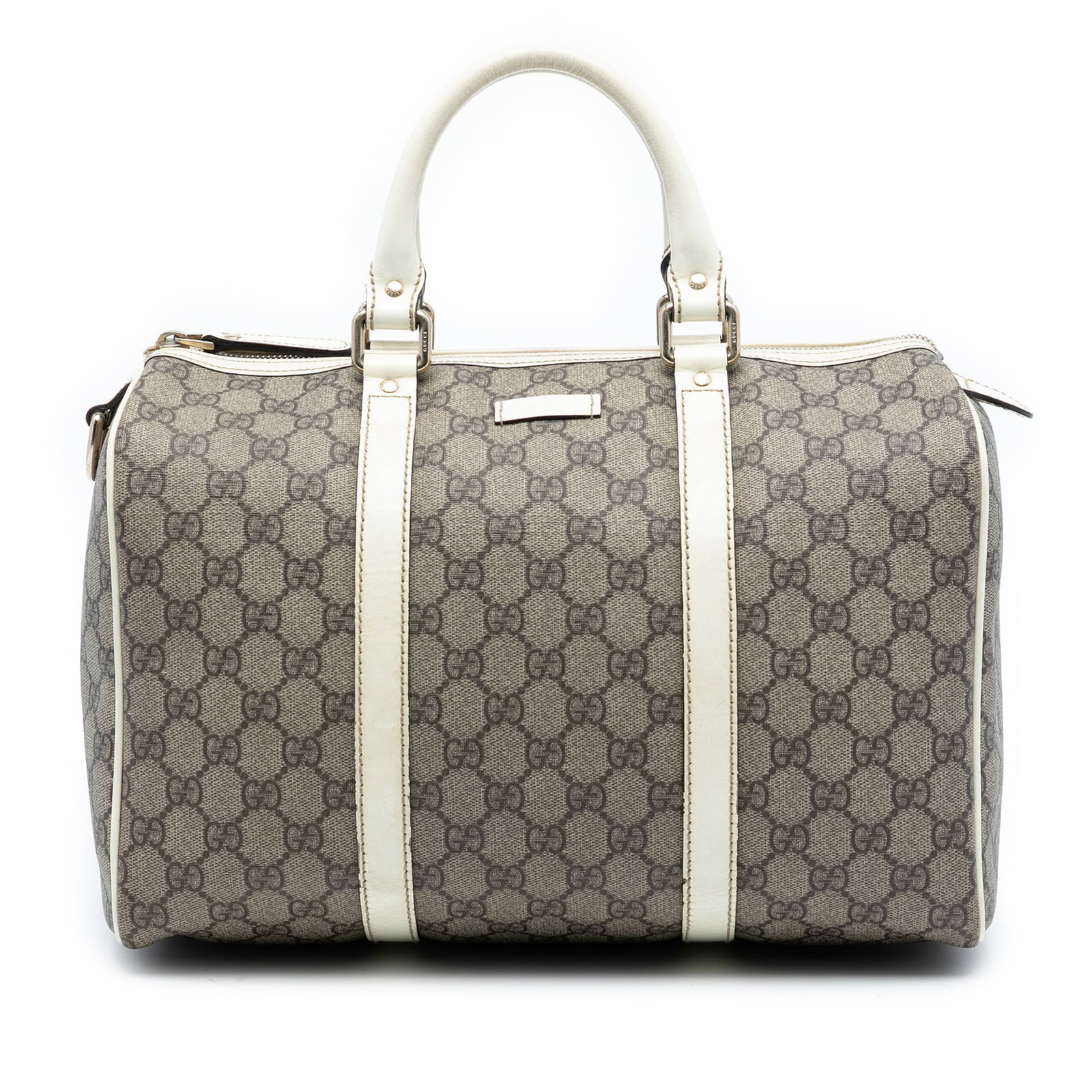 Medium Joy Boston Bag in GG Supreme Canvas with Leather Trim by Gucci: Medium Joy Boston Bag in GG Supreme Canvas with Leather Trim by Gucci This Gucci Medium GG Supreme Joy Boston Bag features a coated canvas body with leather trim, rolled leather handles, a top zip clo