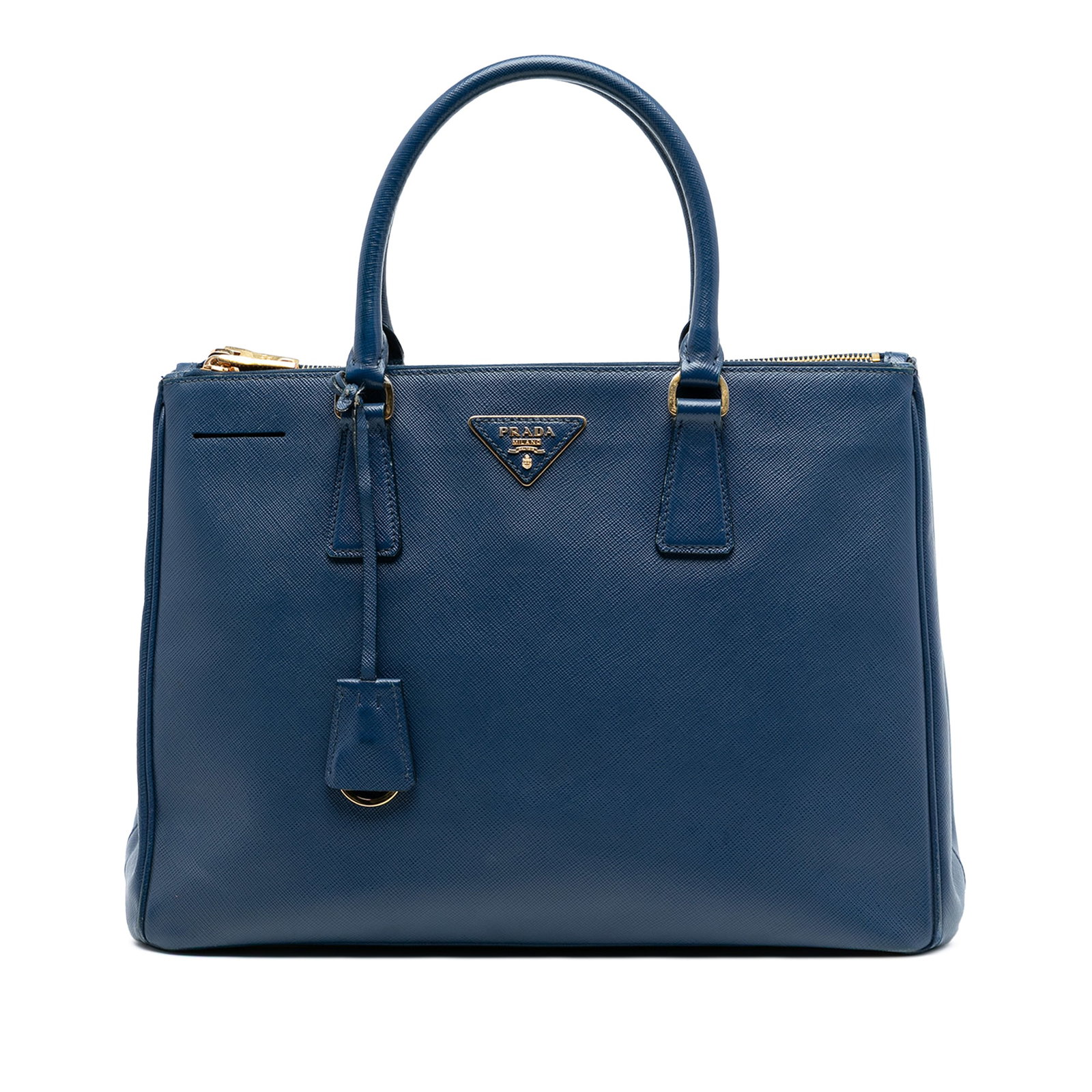 Prada Galleria Medium Saffiano Leather Blue Double Zip Satchel Bag: Prada Galleria Medium Saffiano Leather Blue Double Zip Satchel Bag This Prada Medium Saffiano Lux Galleria Double Zip Satchel is crafted from saffiano leather in blue and features rolled leather handl