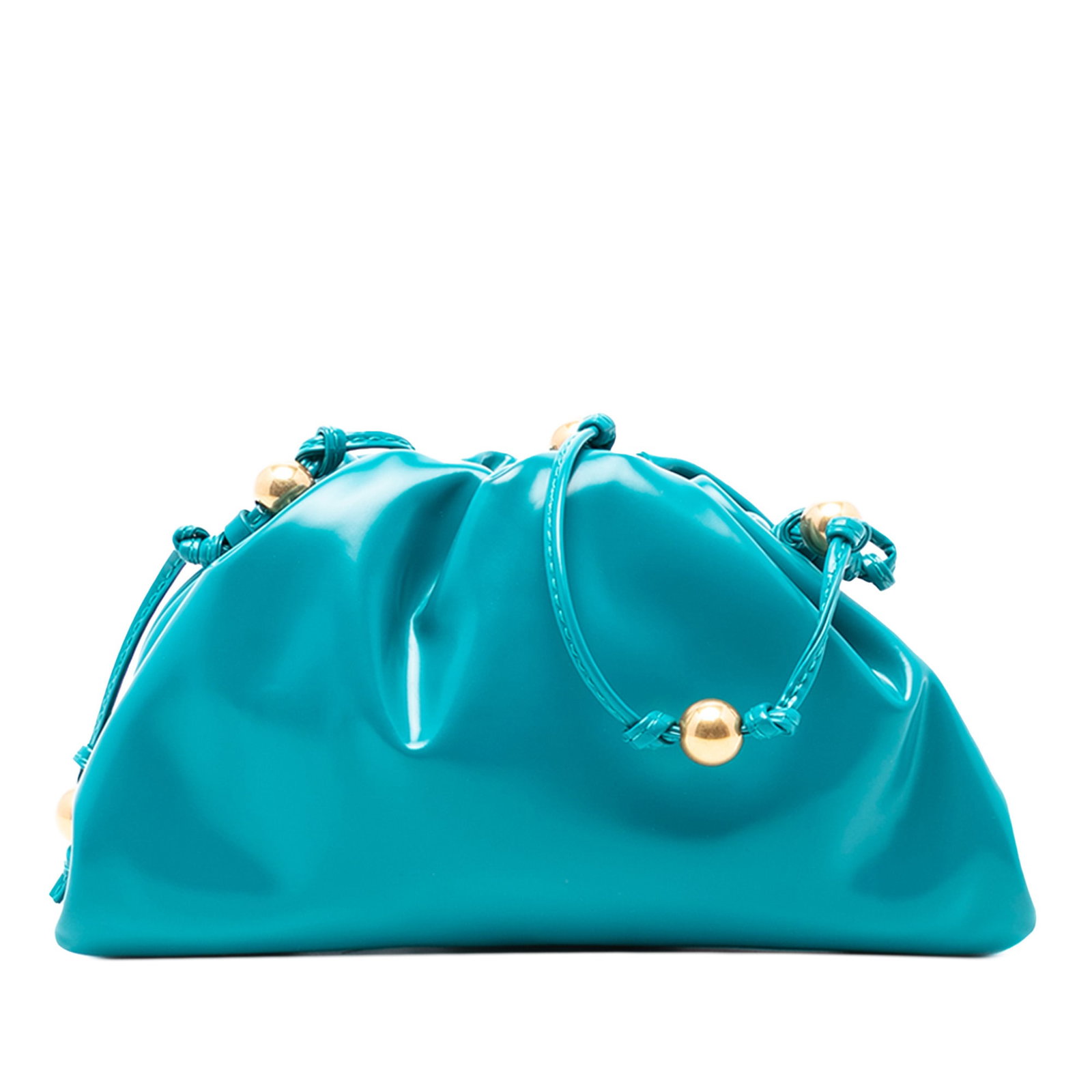 Bottega Veneta Blue Patent Beaded Strap Mini Pouch Crossbody: Bottega Veneta Blue Patent Beaded Strap Mini Pouch Crossbody Introducing the Bottega Veneta Patent Beaded Strap The Mini Pouch Crossbody, a stylish accessory that combines elegance with practicality. 
