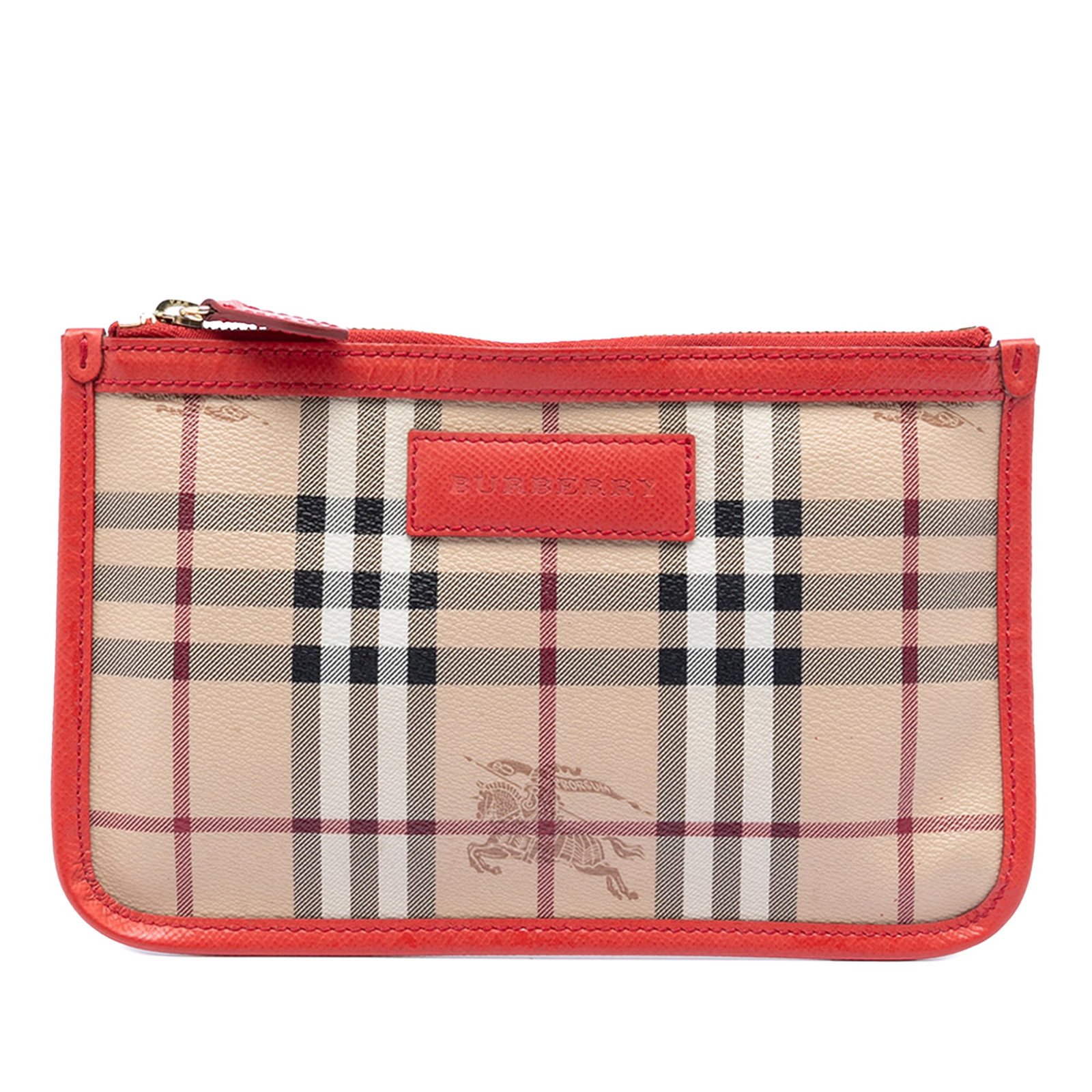 Haymarket Check Beige Canvas Small Pouch with Leather Trim by Burberry: Haymarket Check Beige Canvas Small Pouch with Leather Trim by Burberry This Burberry Haymarket Check pouch features a coated canvas body accented with leather trim and is secured with a top zip closur