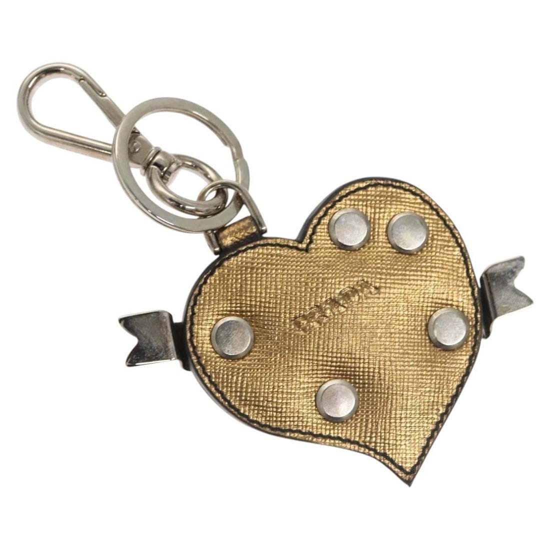 Saffiano Leather Key Holder by Prada with Gold Tone Finish: Saffiano Leather Key Holder by Prada with Gold Tone Finish This PRADA key holder features saffiano leather in a gold tone, designed specifically for women. It includes an accessory item box and shows 