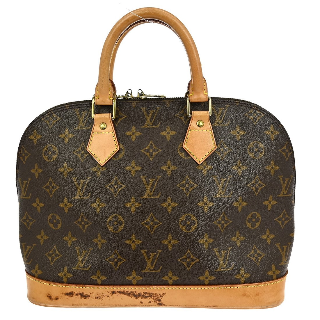 Louis Vuitton Alma Brown Monogram Canvas Women's Handbag: Louis Vuitton Alma Brown Monogram Canvas Women's Handbag This Louis Vuitton Alma handbag features the iconic monogram canvas in brown, designed for women. The bag shows signs of use, including scuffs,