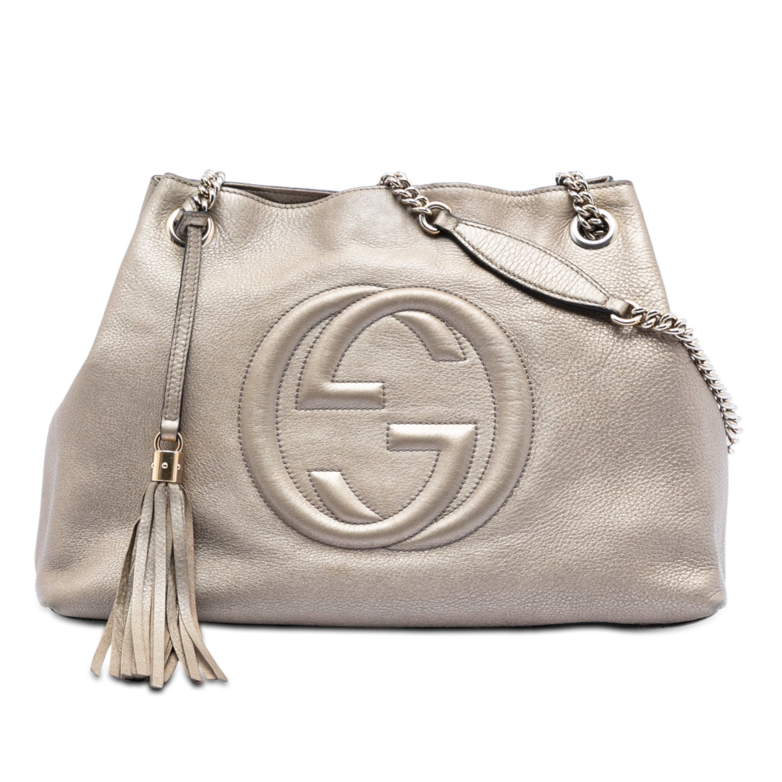 Gucci Soho Chain Tote Medium Metallic Leather Shoulder Bag: Gucci Soho Chain Tote Medium Metallic Leather Shoulder Bag This Gucci Medium Metallic Leather Soho Chain Tote features a silver leather body, curb chain straps, an open top with a lobster claw closure