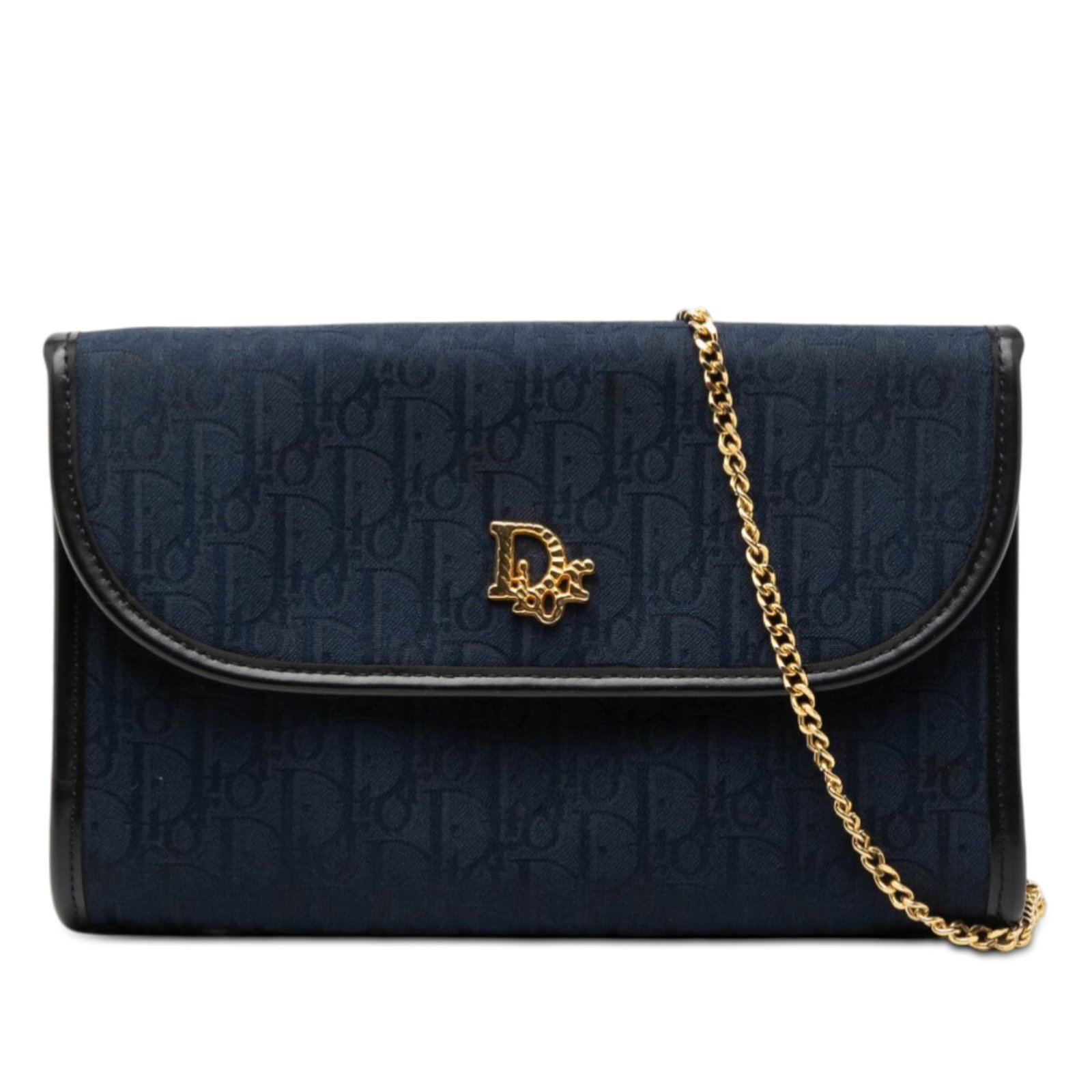 Dior Diorissimo Trotter Blue Canvas Crossbody Bag with Chain Strap: Dior Diorissimo Trotter Blue Canvas Crossbody Bag with Chain Strap This Diorissimo Trotter Canvas Chain Crossbody features a canvas body with leather trim, a gold-tone curb chain link strap, and a top