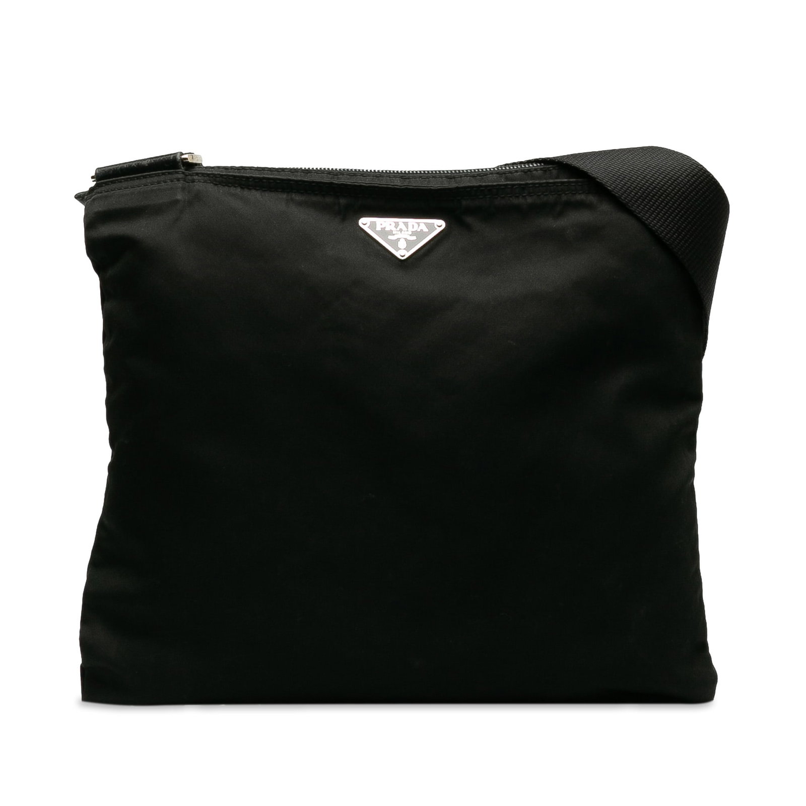 Prada Tessuto Black Nylon Crossbody Bag with Top Zip Closure: Prada Tessuto Black Nylon Crossbody Bag with Top Zip Closure This Prada Tessuto Zip Top Crossbody bag is crafted from black nylon fabric and features a flat shoulder strap, a top zip closure, and an i