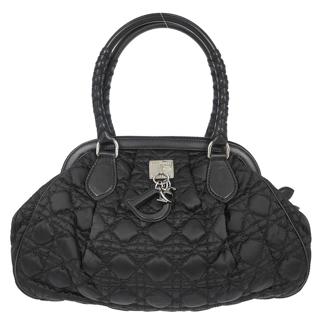 Dior Cannage Black Nylon Leather Top Handle Doctor Bag 02-BO-0028: Dior Cannage Black Nylon Leather Top Handle Doctor Bag 02-BO-0028 This Christian Dior black nylon Cannage Charming Doctor bag features a medium-sized silhouette with double handles and a zip closure. 