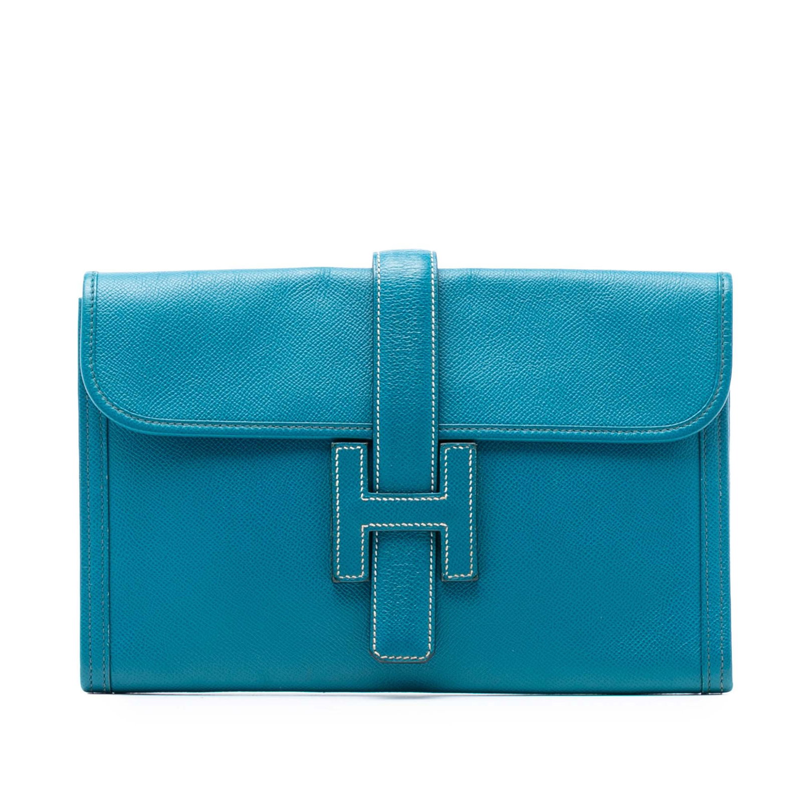 Hermes Blue Izmir Epsom Leather Jige 29 Clutch Bag France: Hermes Blue Izmir Epsom Leather Jige 29 Clutch Bag France This Hermes Jige 29 clutch features Epsom leather in Blue Izmir with a front flap and pull-through closure. The exterior shows signs of wear o