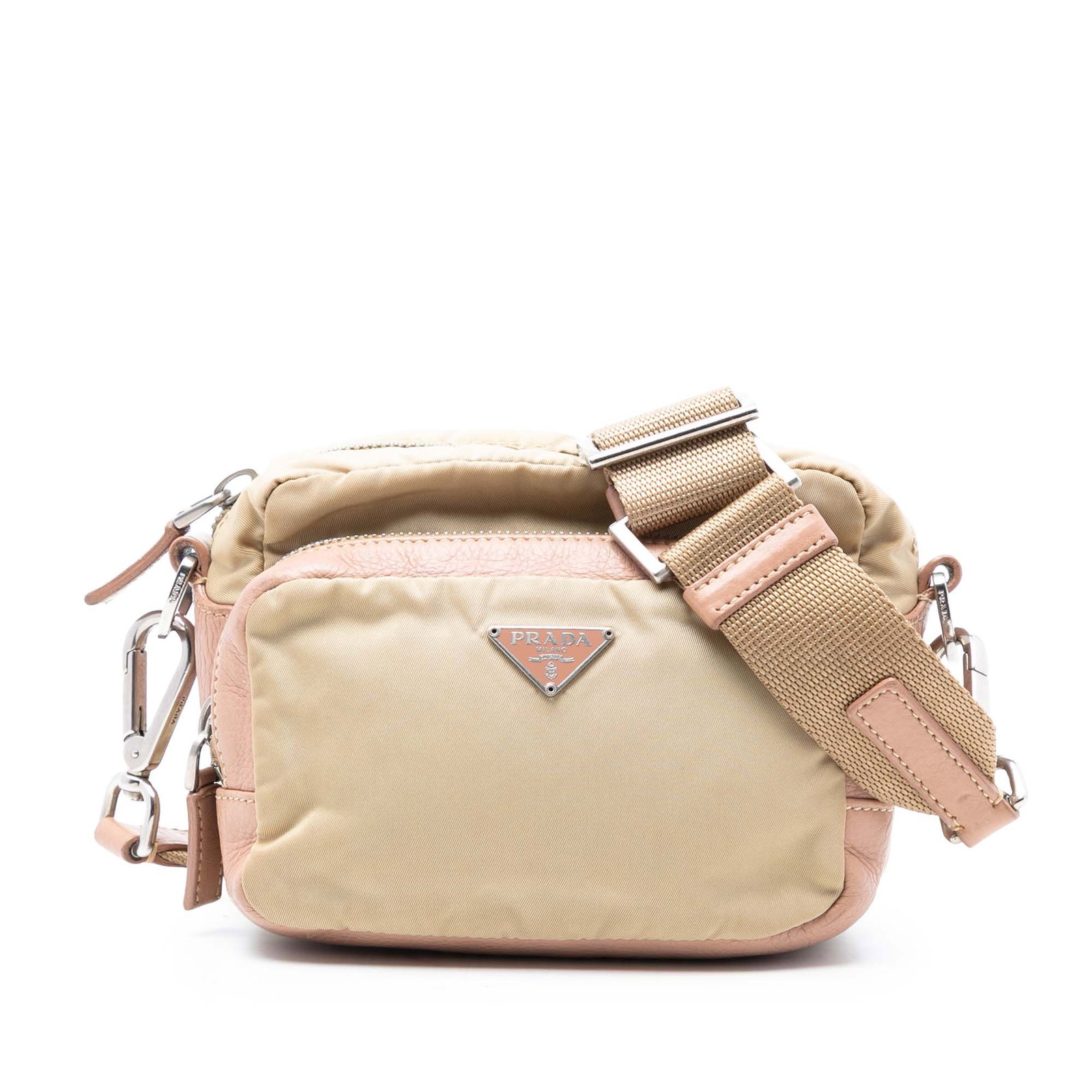Beige Tessuto Nylon Shoulder Bag with Leather Trim by Prada: Beige Tessuto Nylon Shoulder Bag with Leather Trim by Prada This Prada Tessuto shoulder bag features a beige nylon body with leather trim, a flat strap, a top zip closure, an exterior front zip pocket
